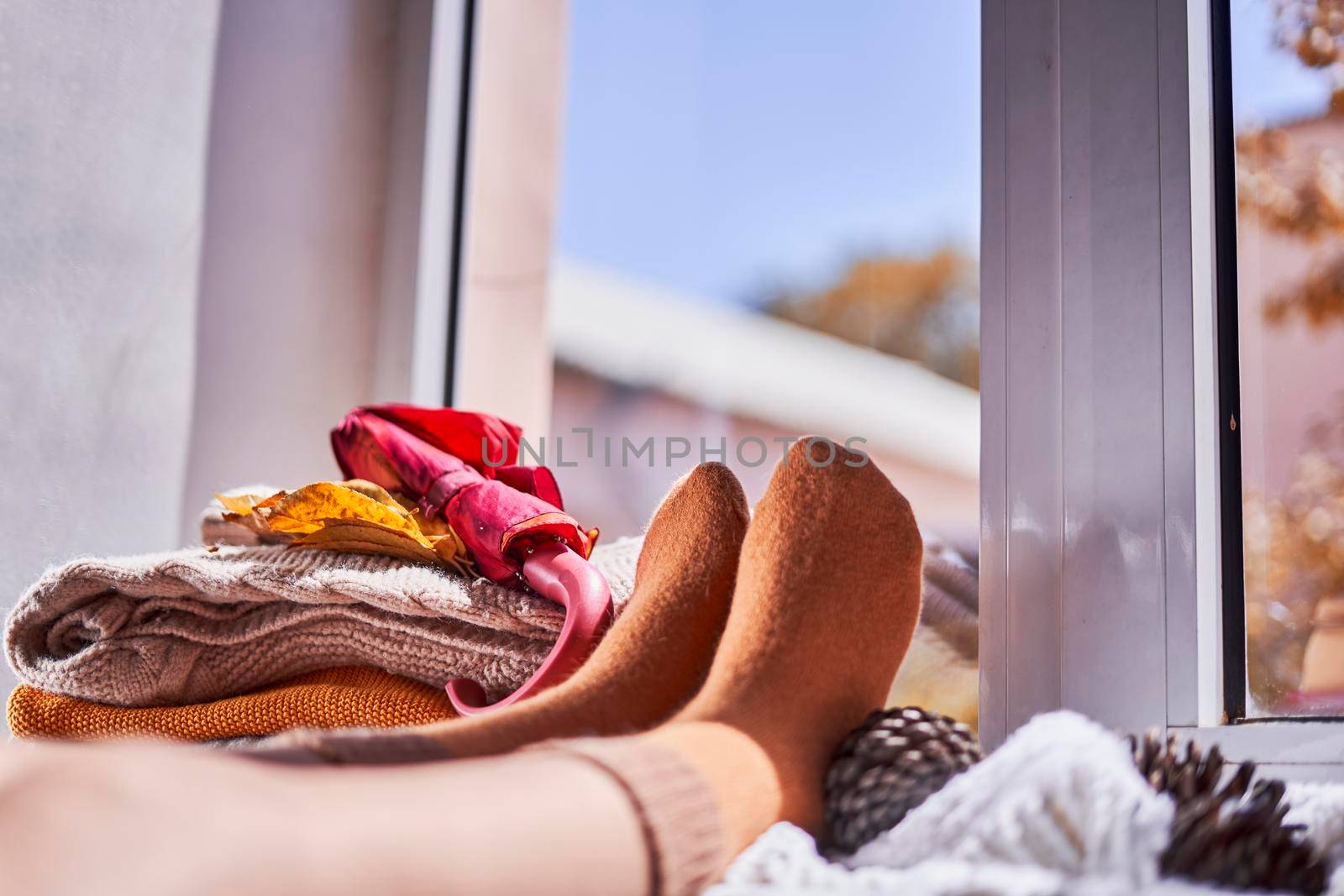 A cozy autumnal day. A woman hanging her legs on window sill by golibtolibov