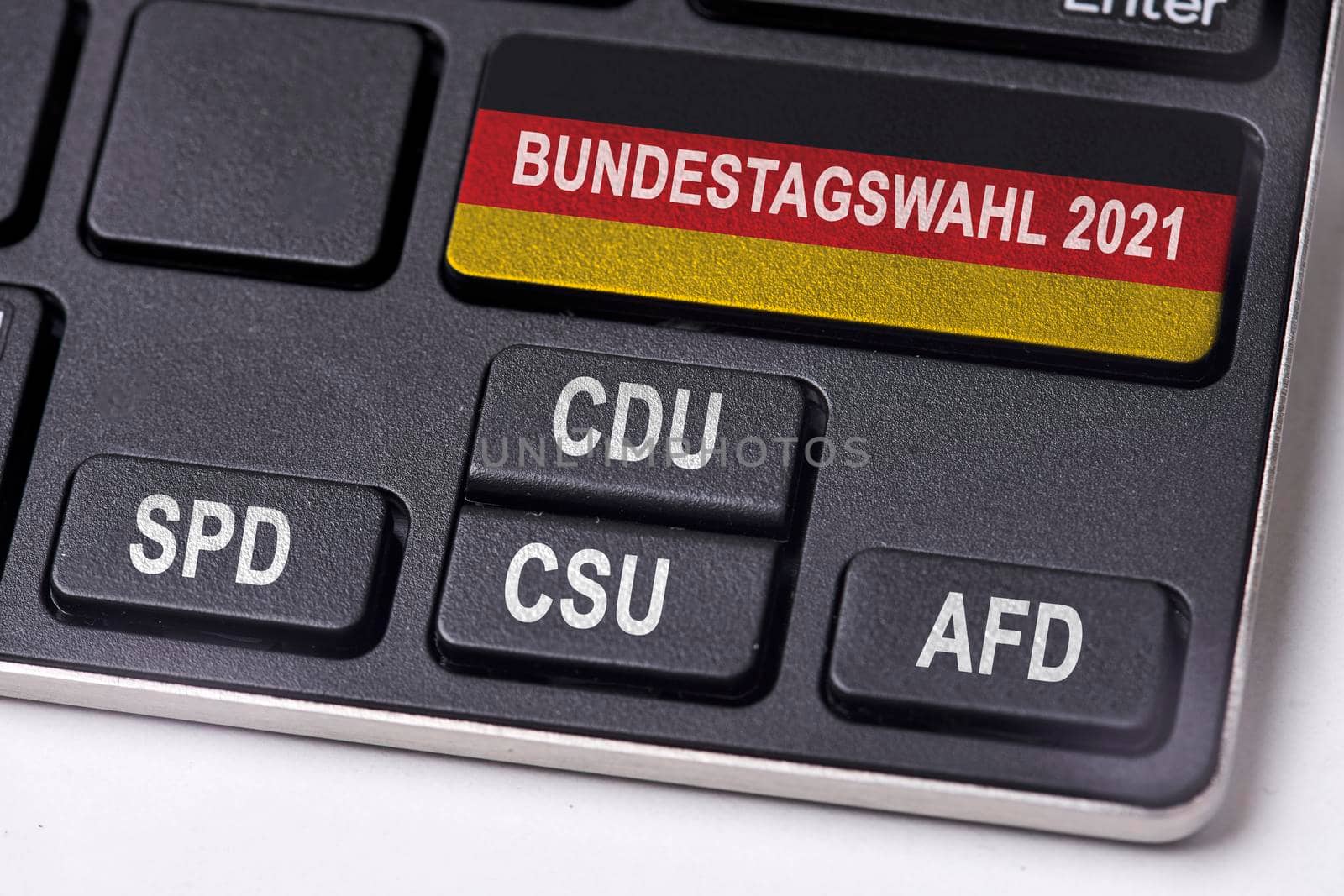 Bundestagswahl 2021. Germany Parliament Bundestag elections concept on keyboard with most popular political parties - CDU, SPD, CSU and AFD