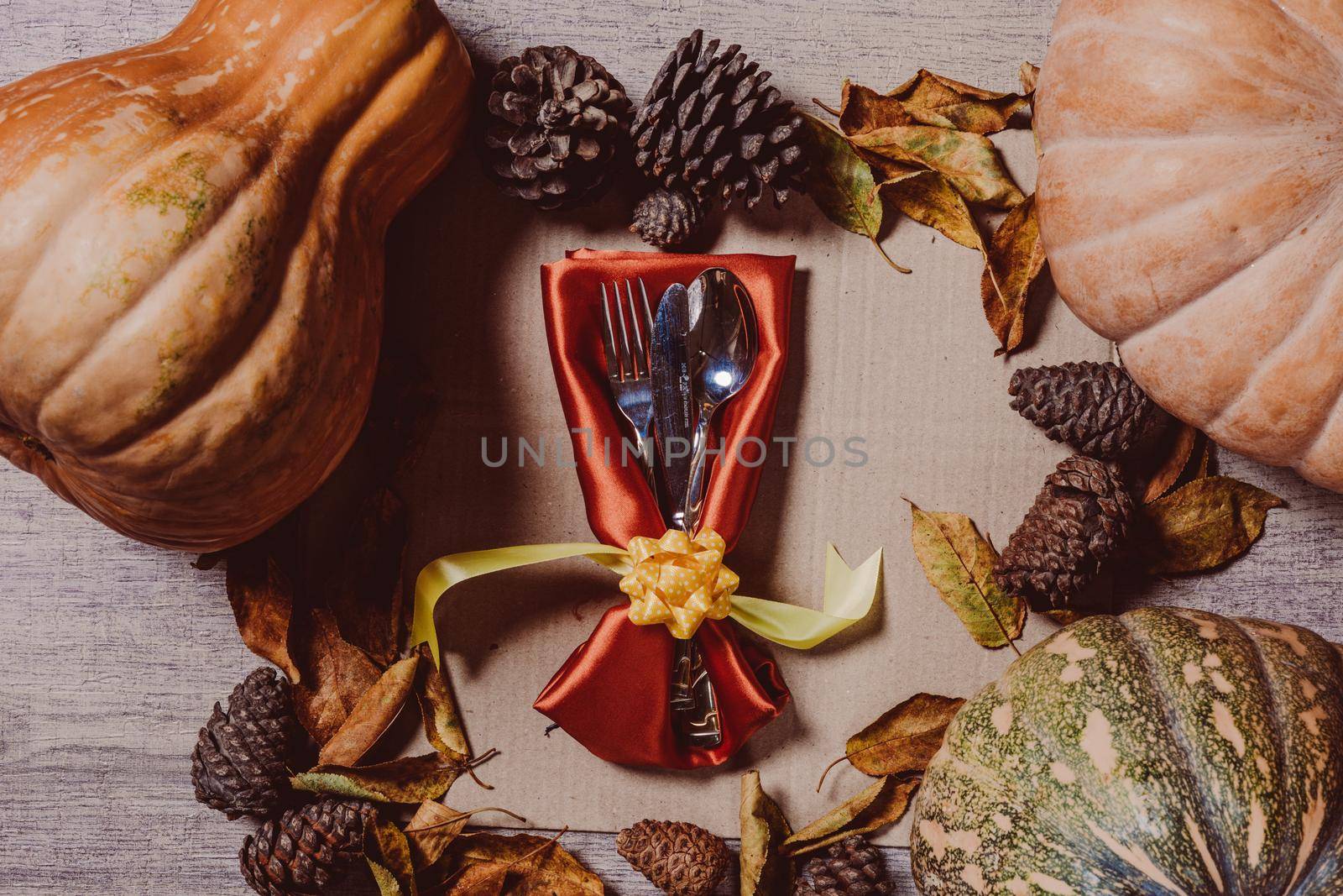Happy thanksgiving day - Autumnal background with harvest fall vegetables and autumnal leaves by golibtolibov