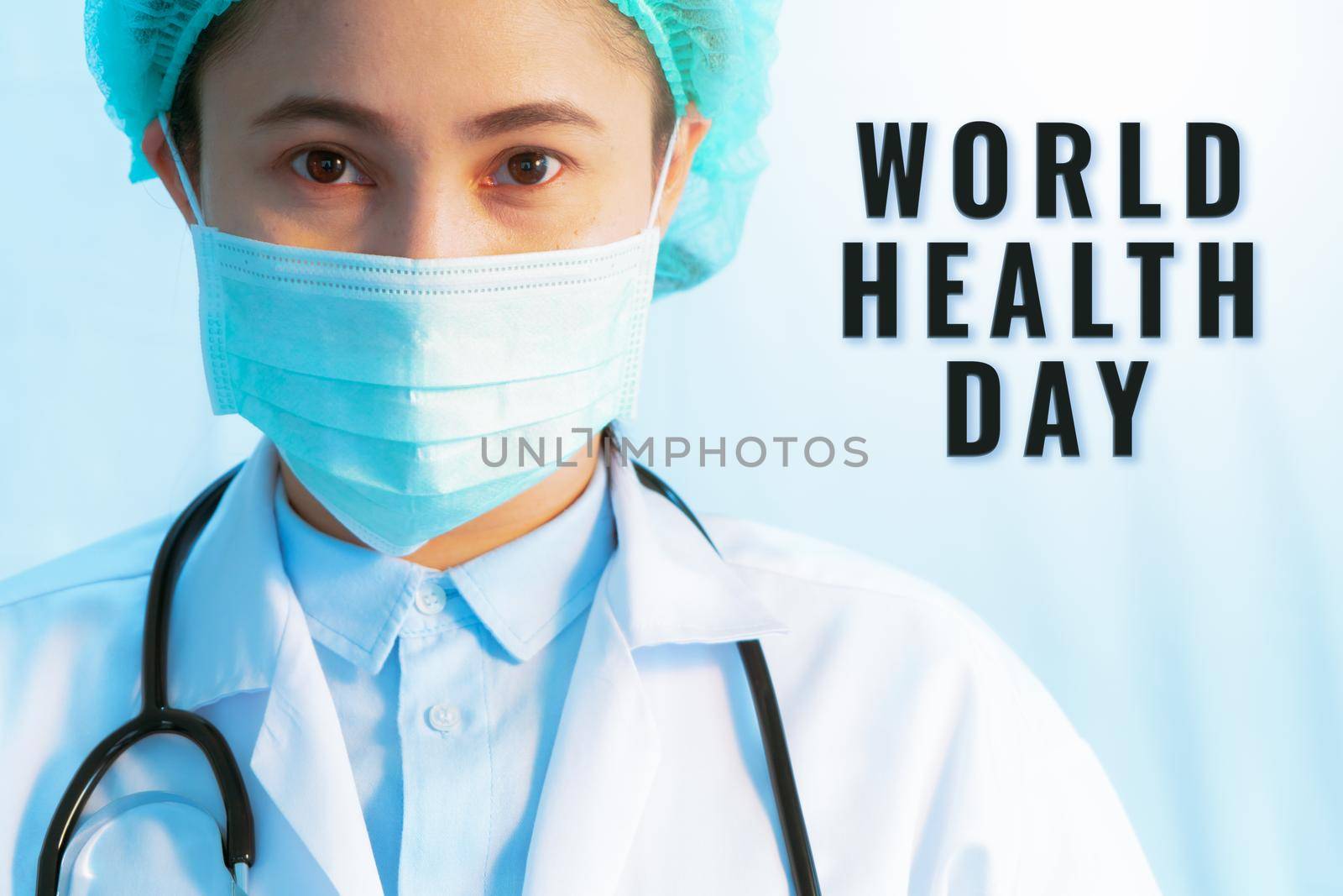 World Health Day concept, Coronavirus stop infection. young female doctor wearing mask with stethoscope against infectious diseases and flu. by psodaz