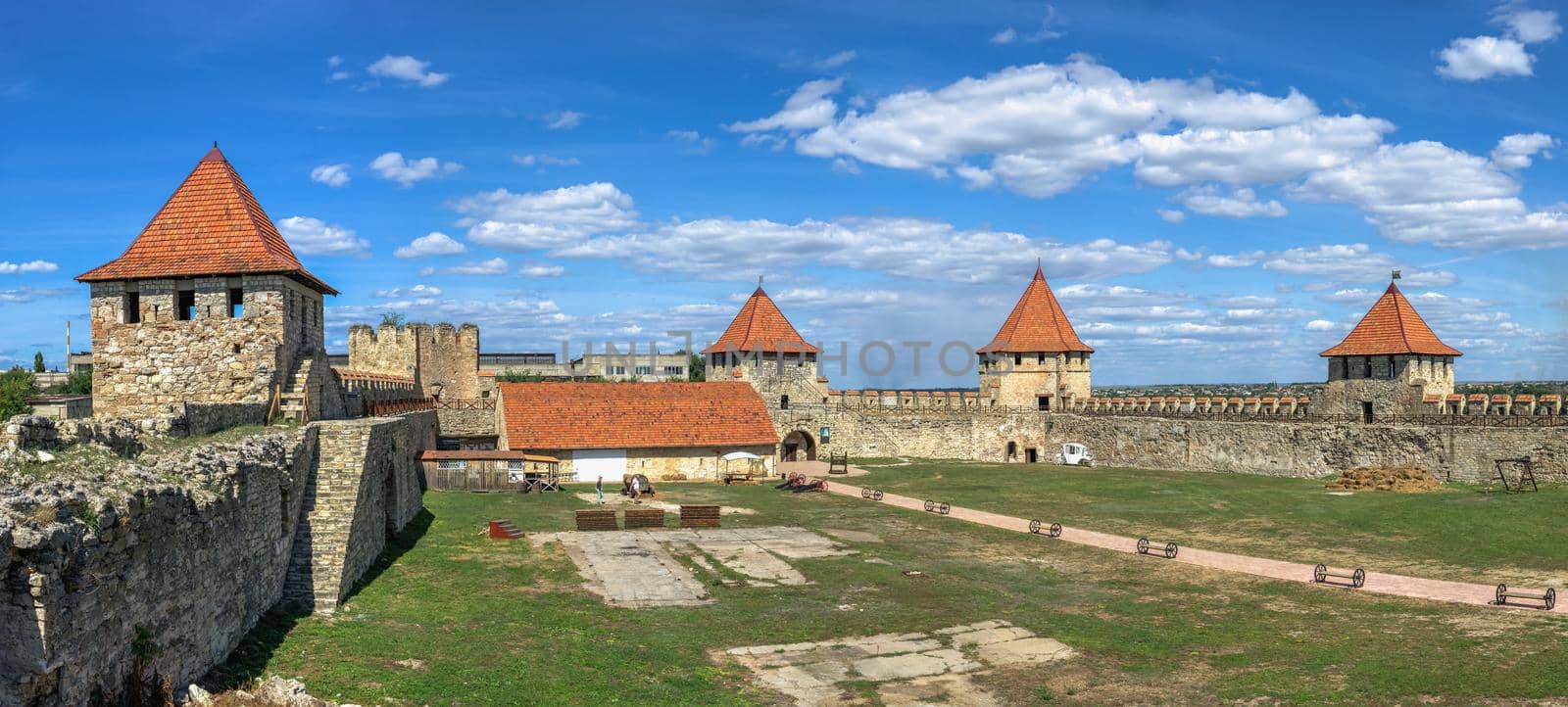 Bender, Moldova 06.09.2021.  Panoramic inside view of the Tighina Fortress in Bender, Transnistria or Moldova, on a sunny summer day