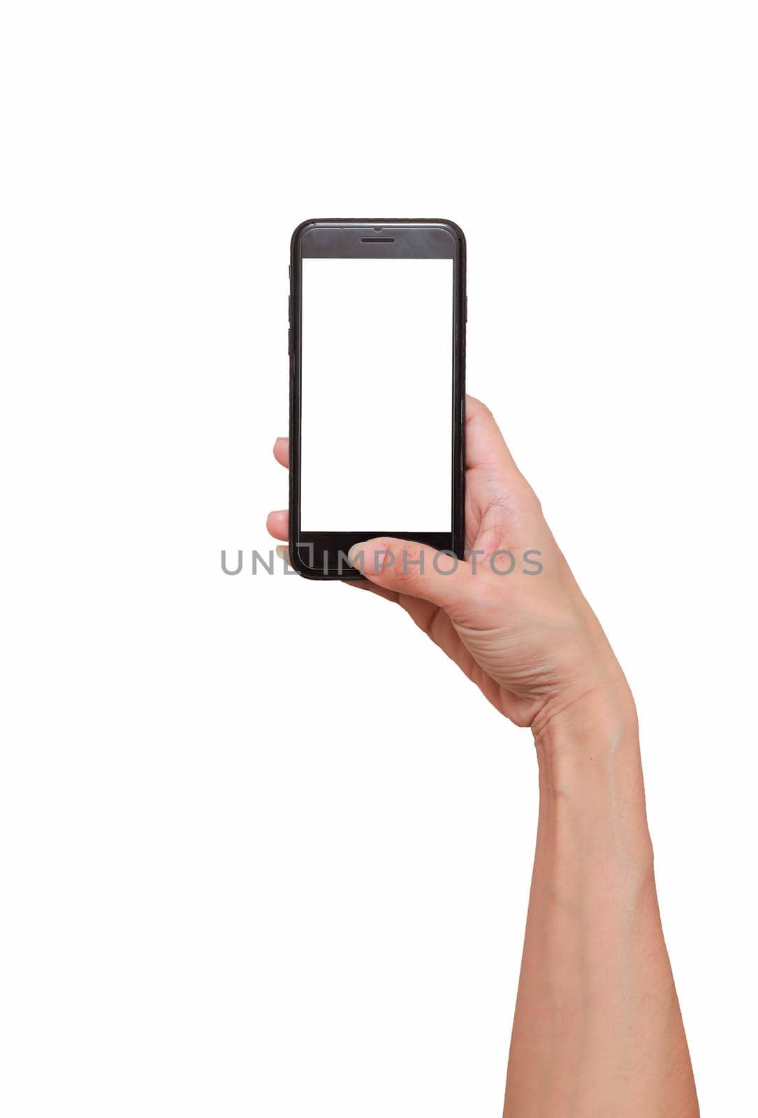 Close-up shot of a woman typing on mobile phone isolated on white background.