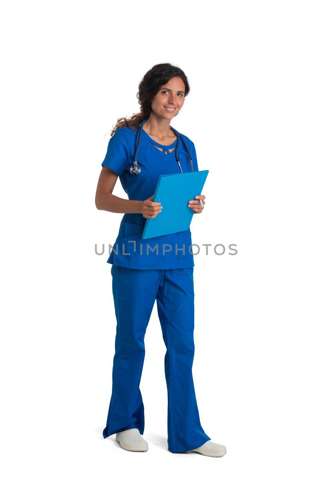 Young female doctor with stethoscope and document folder, full length portrait isolated on white background