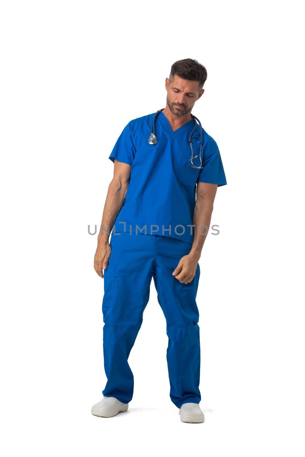 Tired sleepy doctor standing in medical clothing with eyes closed full length portrait isolated on white background