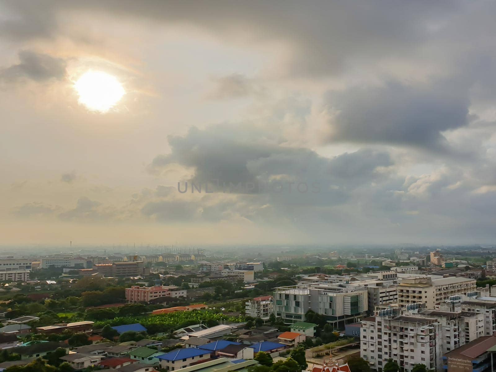 Bangkok, Thailand - August 20, 2021 : Cityscape and building of city in daytime from skyscraper of Bangkok. Bangkok is the capital and the most populous city of Thailand.