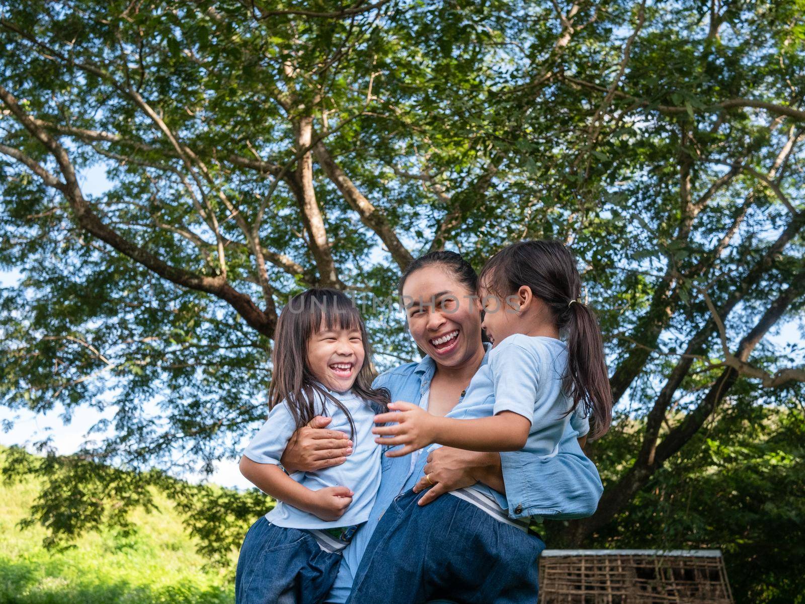 Two sibling little girls with mom laughing and hugging each other on warm and sunny summer day in the garden. Young girls with her mother spending day in park. by TEERASAK