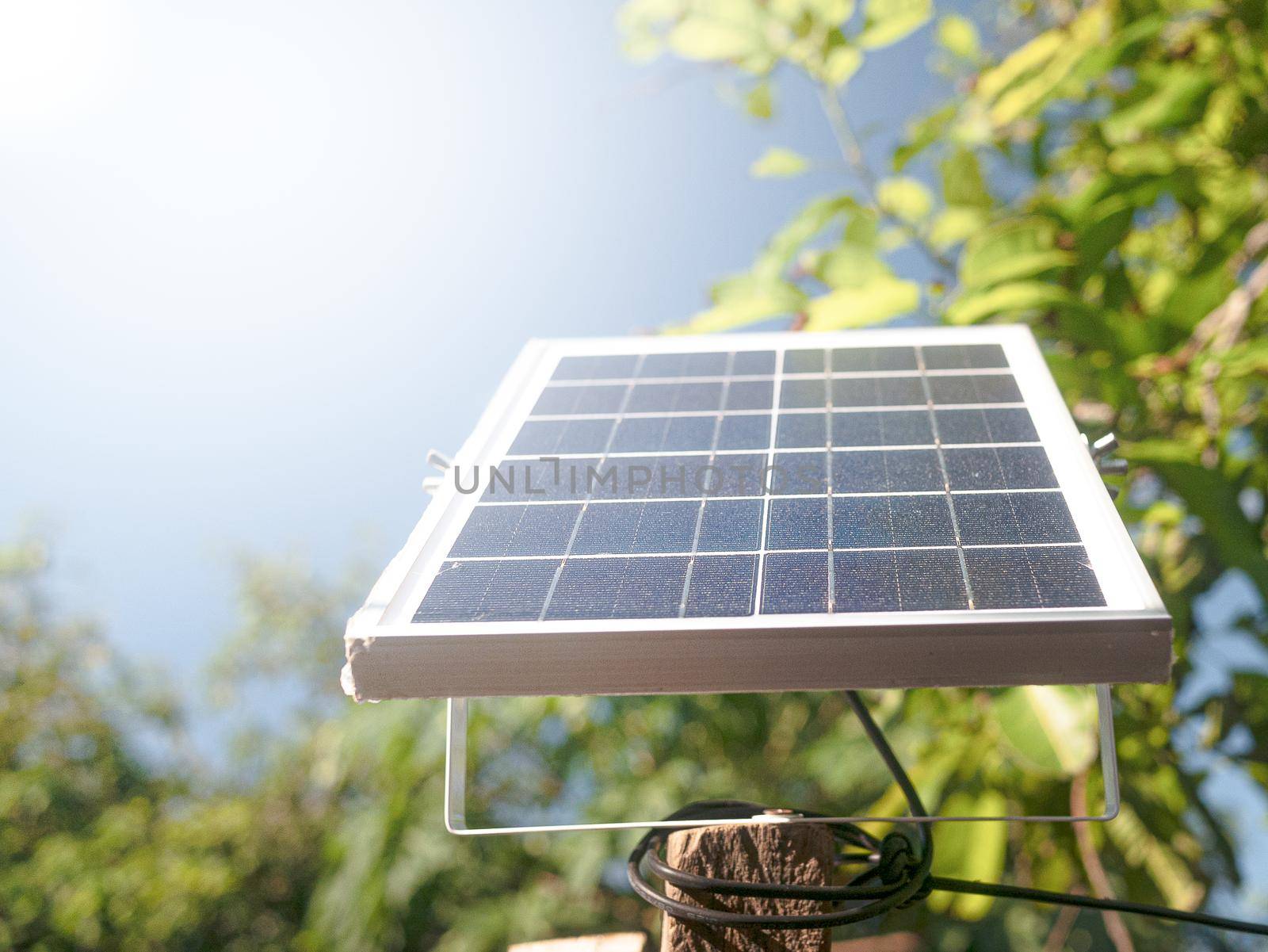 Small solar panels set on outdoor poles on a sunny day. Mini solar panel for LED spotlight in the garden. by TEERASAK