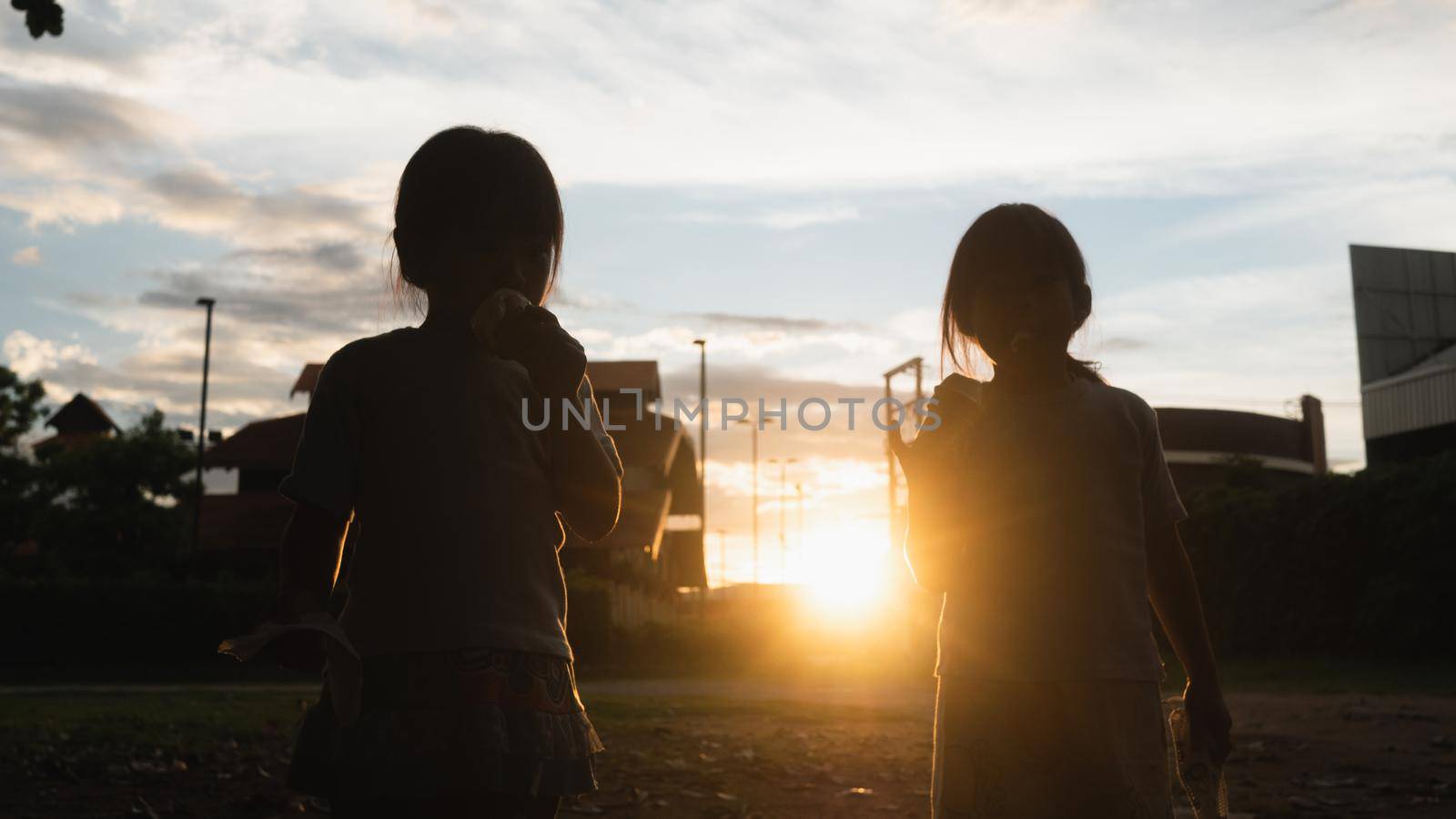 Two sibling sisters eating sweet tasty ice cream outdoors at sunset. Two happy young kid enjoy dessert during vacation holiday in the park. by TEERASAK
