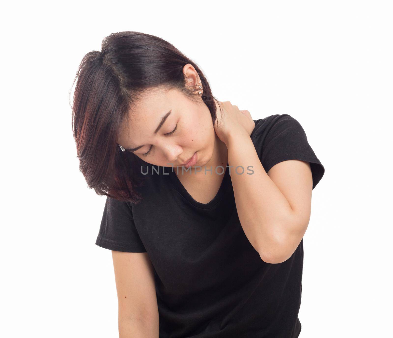 Young woman pain in neck isolated white background.