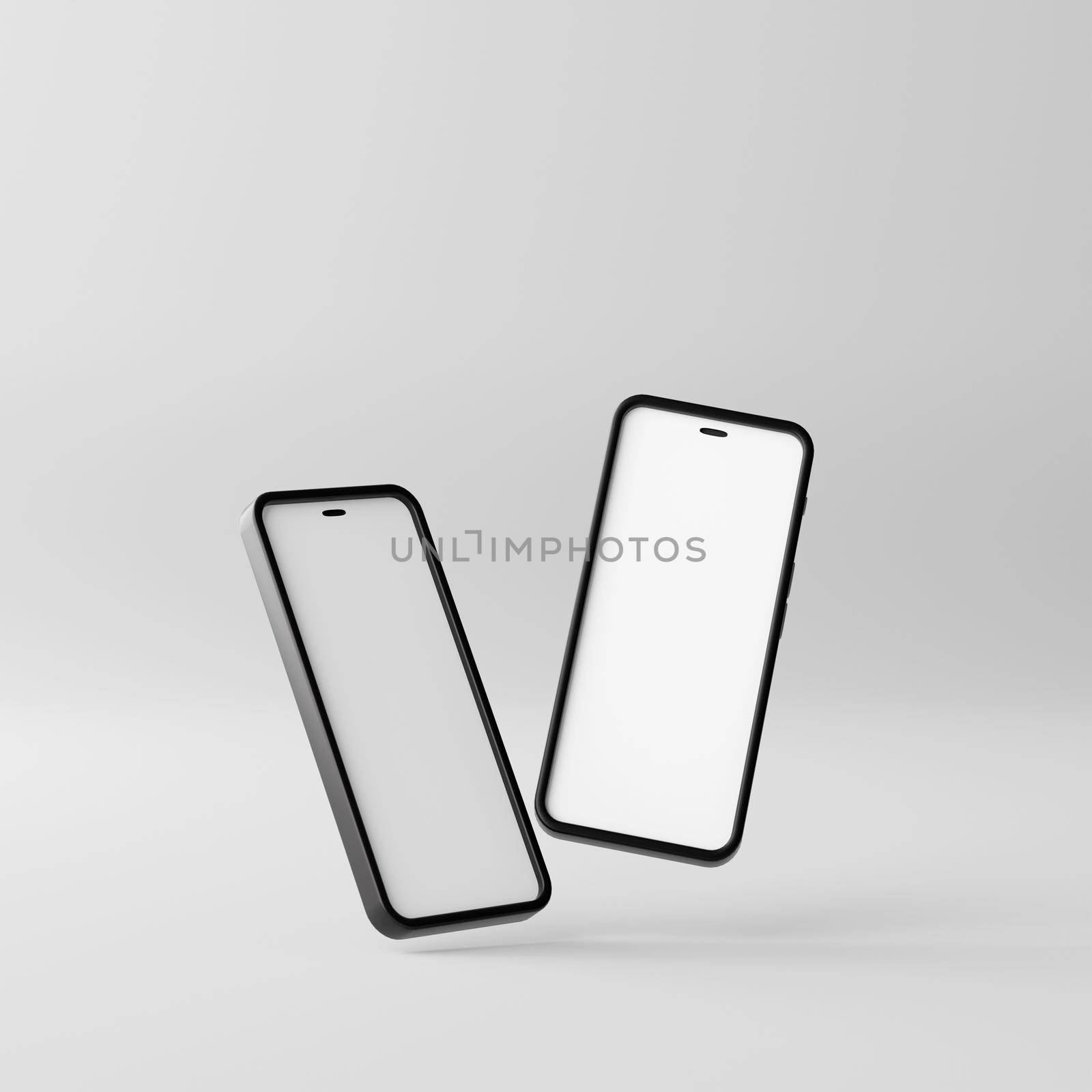 Two smart phone with blank screen on grey background. 3d rendering by raferto1973
