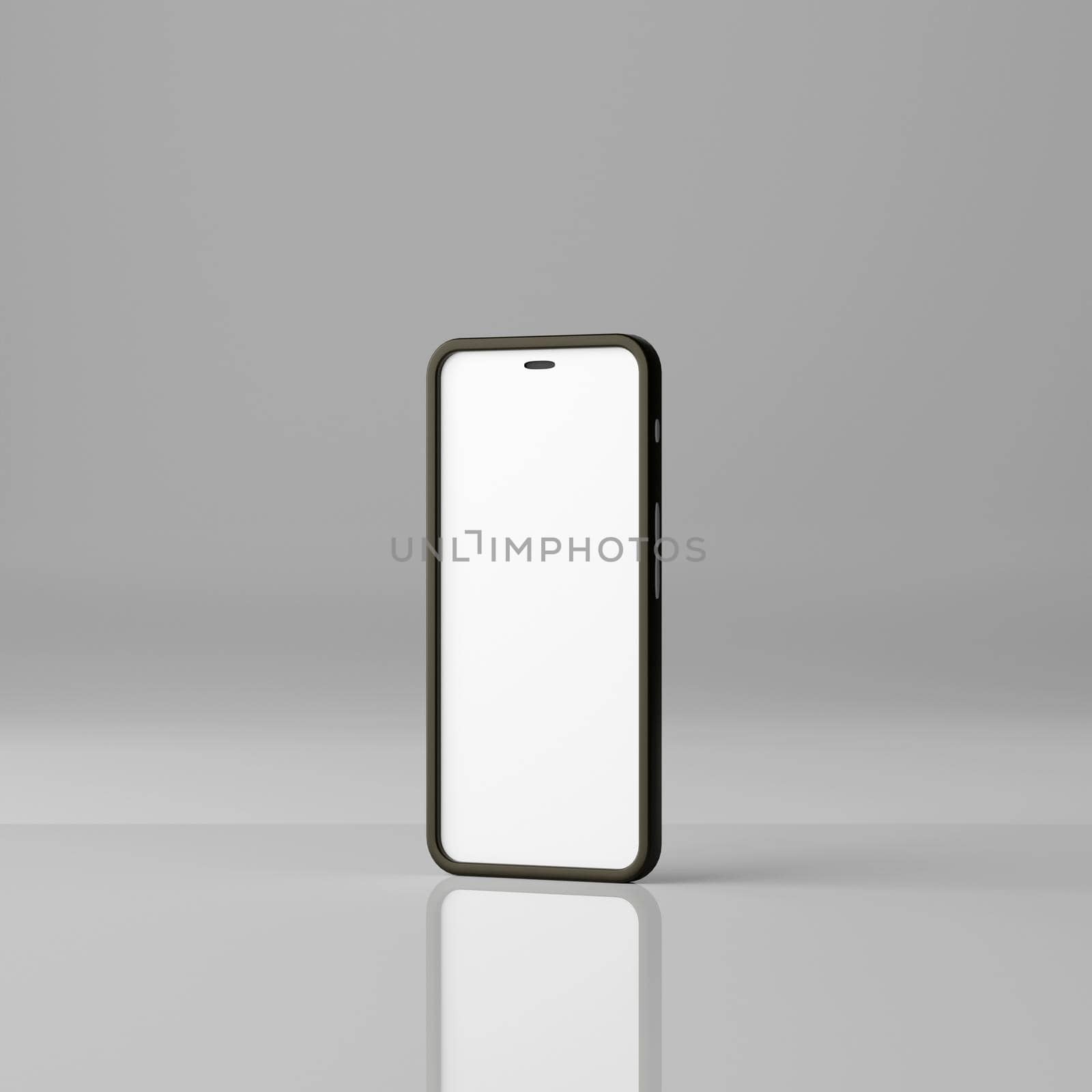 Smartphone mockup with blank white screen on a grey background. 3D Render by raferto1973