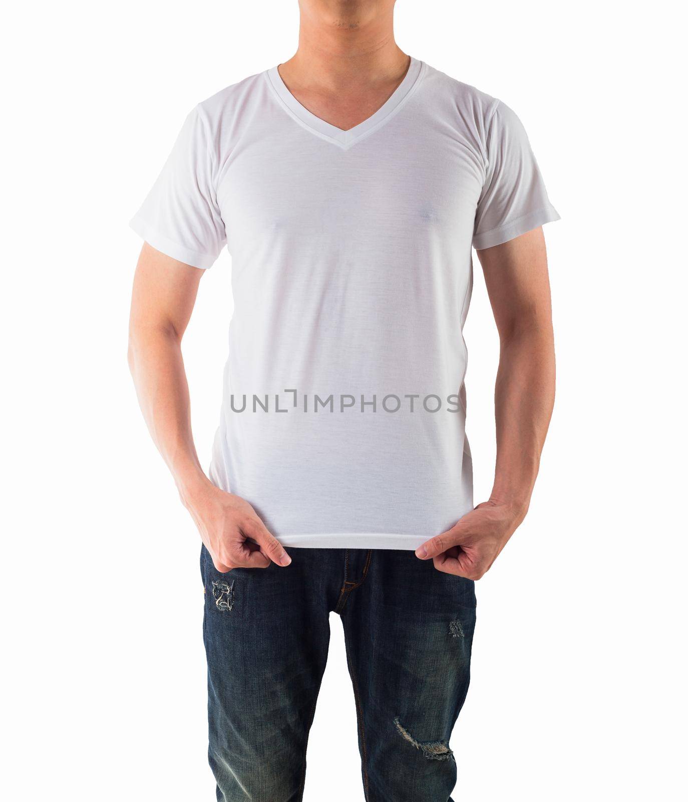 Young man with blank white shirt isolated white background, on front by jayzynism