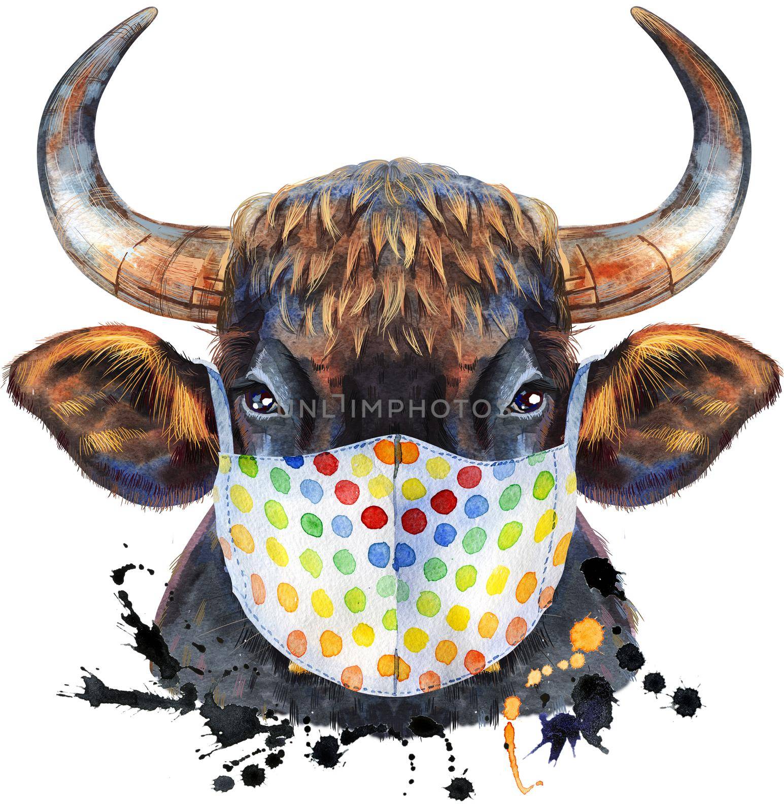 Bull in protective mask. Watercolor graphics. Bull animal illustration with splashes watercolor textured background.