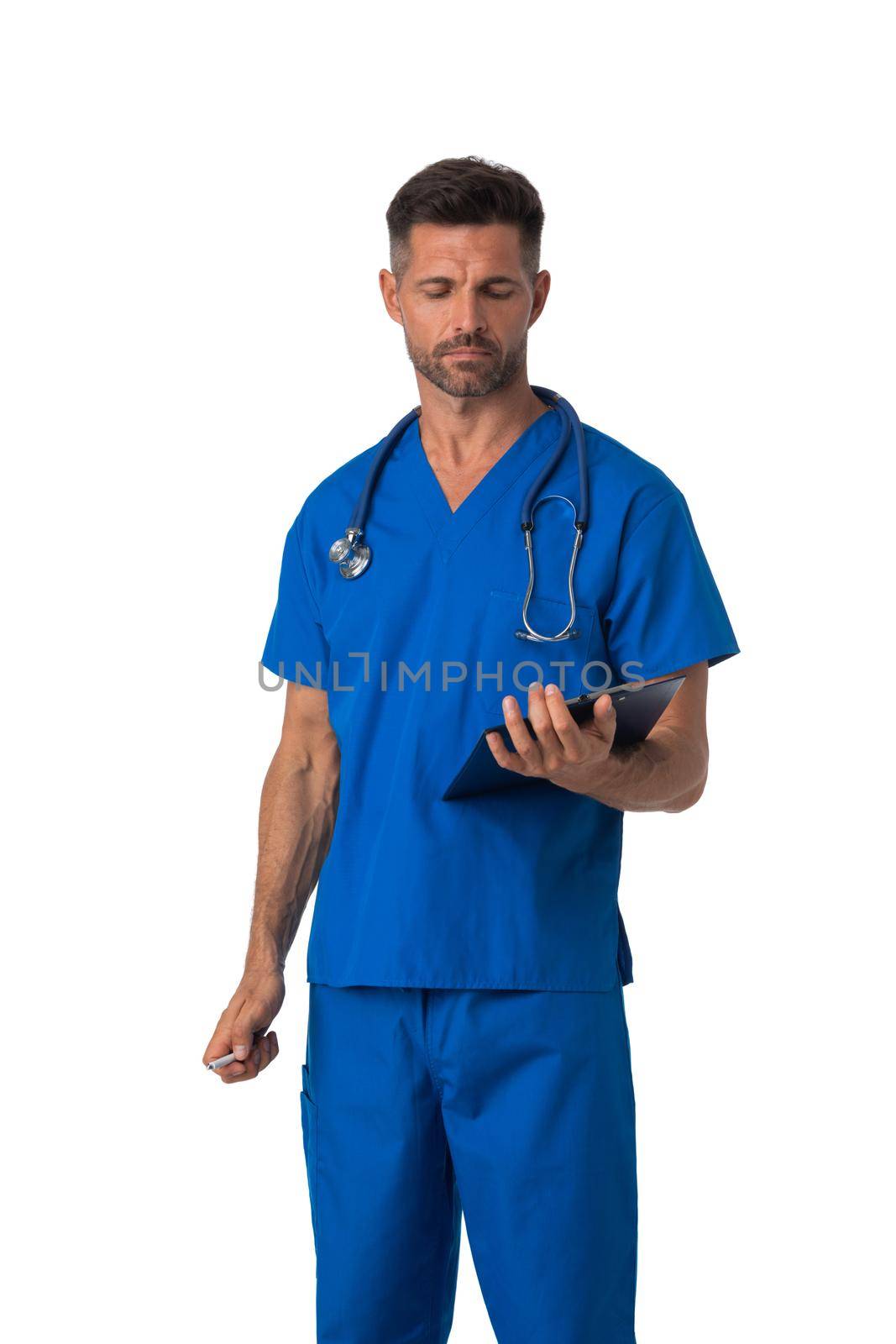 A male doctor with a folder isolated on white background