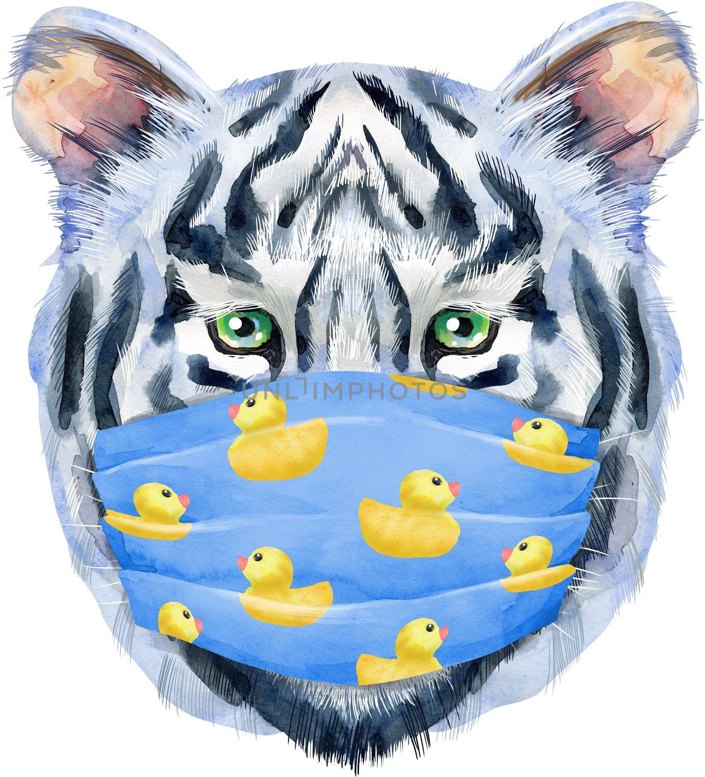 Watercolor illustration of white smiling tiger tiger in a blue medical mask with ducks