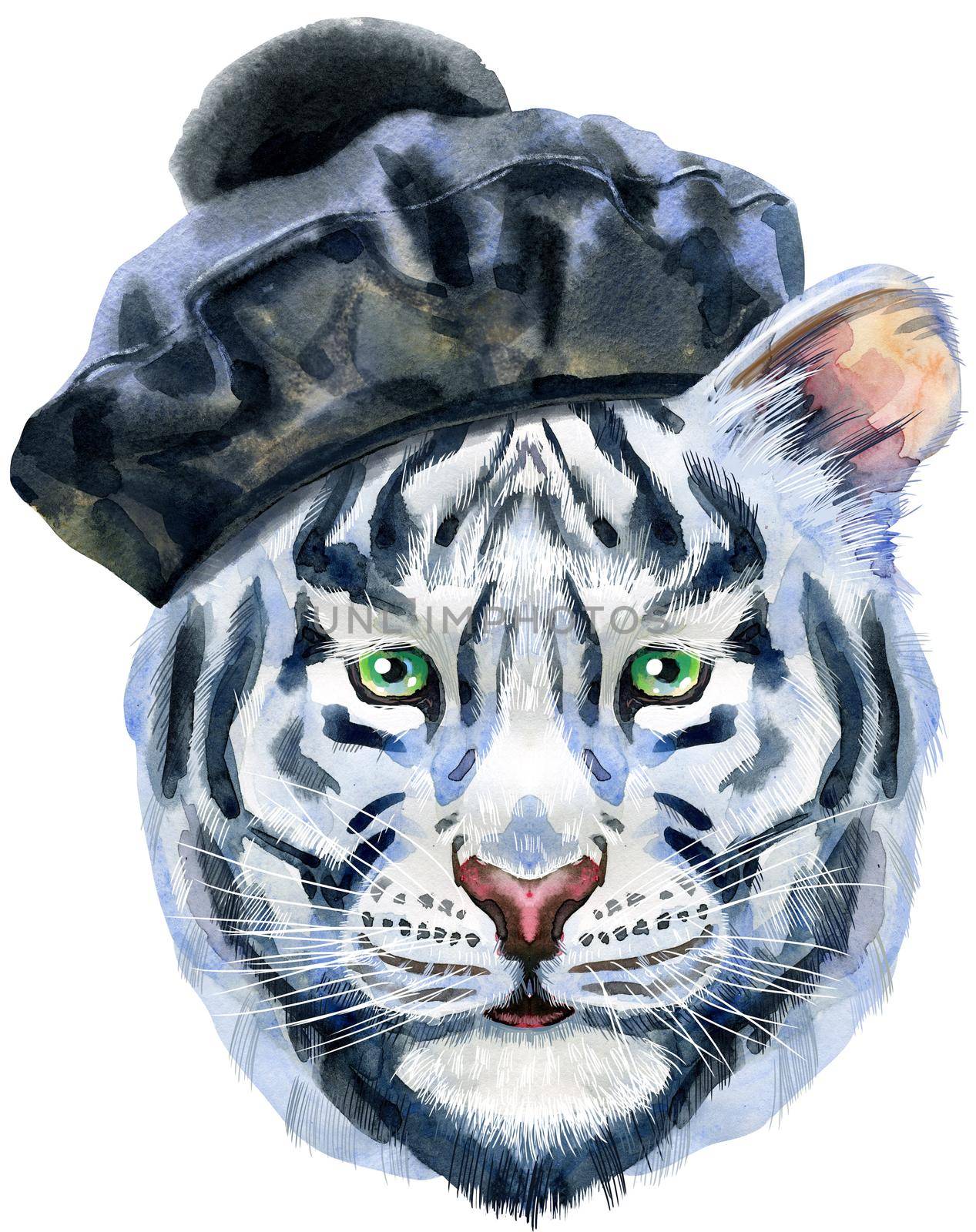 Watercolor illustration of white smiling tiger in black beret in pom-pom