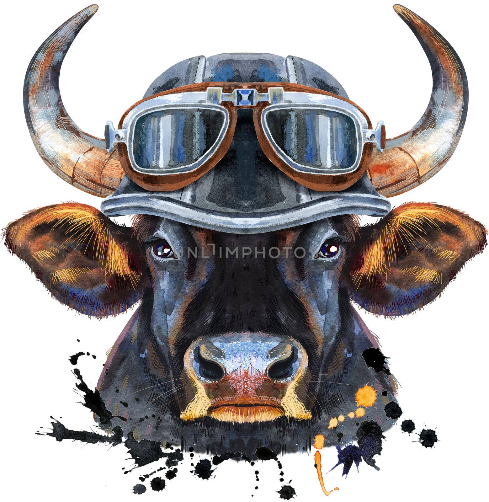 Bull watercolor graphics. Bull in a biker helmet with glasses. Animal illustration with splashes. Watercolor textured background.
