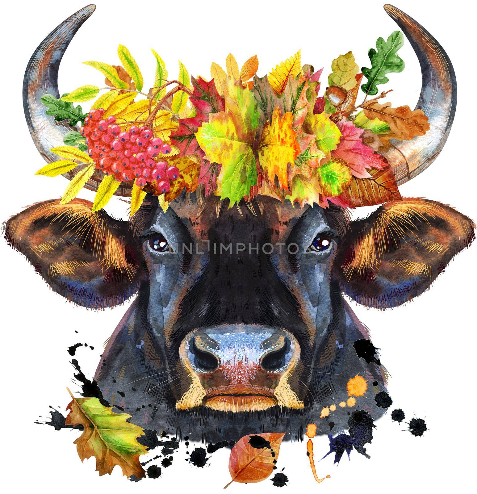 Bull in wreath of autumn leaves. Watercolor graphics. Bull animal illustration with splashes watercolor.