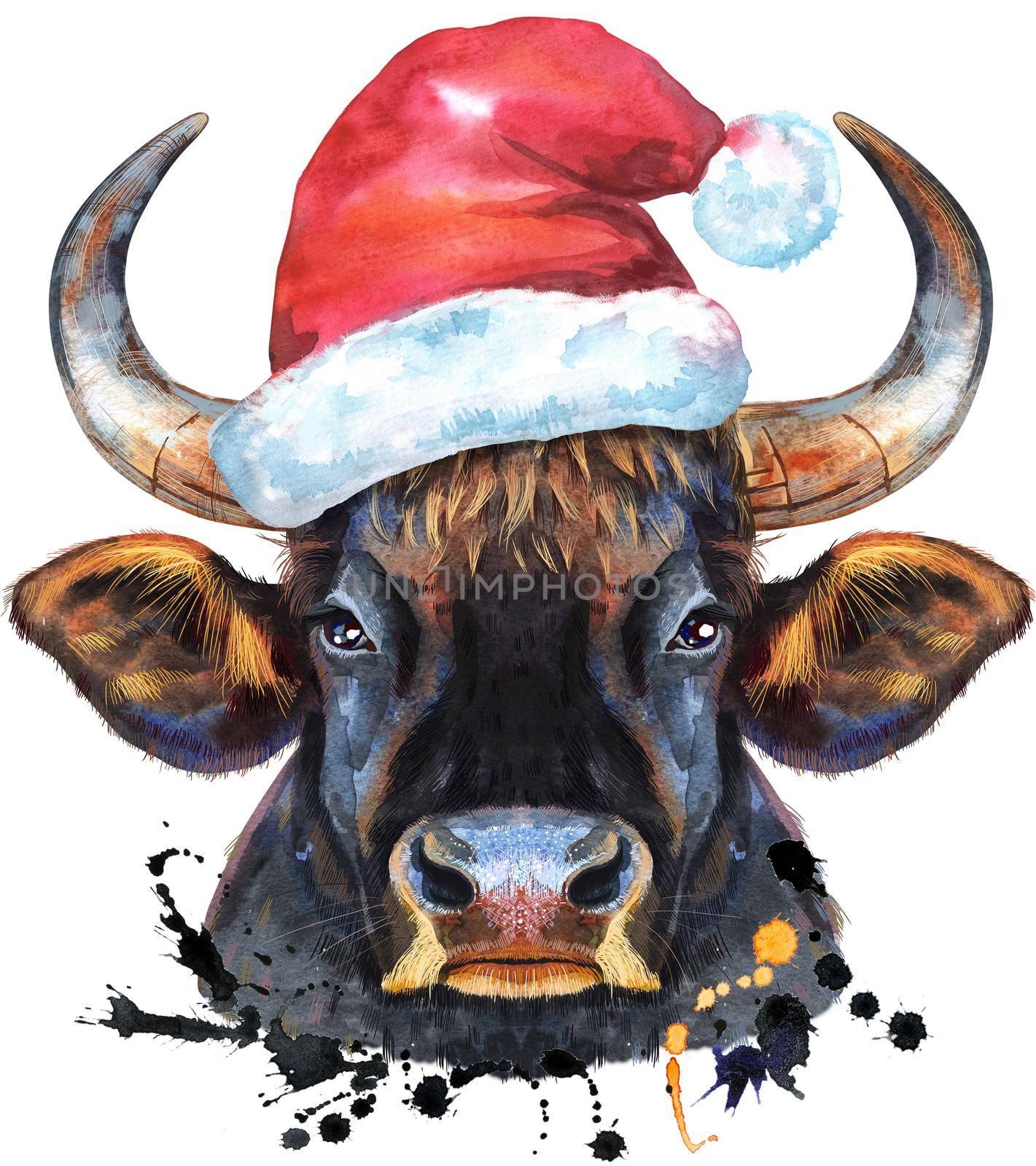 Bull in Santa hat. Watercolor graphics. Bull animal illustration with splashes.