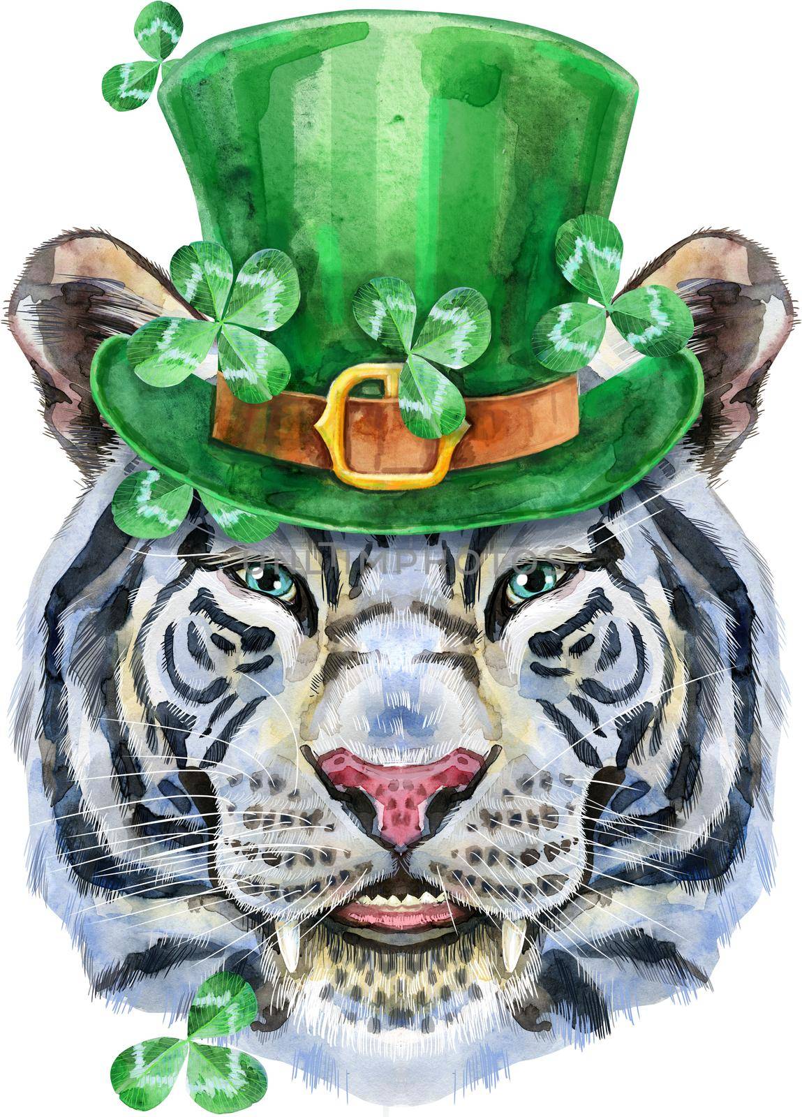 Colorful white smiling tiger wearing a green leprechaun hat. Wild animal watercolor illustration on white background by NataOmsk