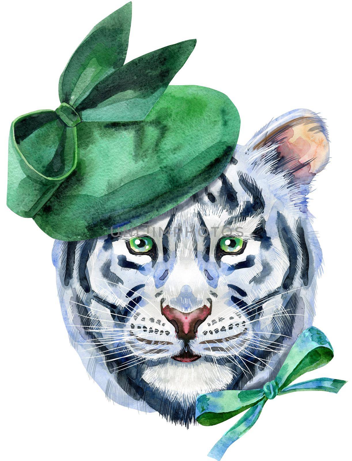 Watercolor illustration of white tiger in green elegant hat and bow on the side