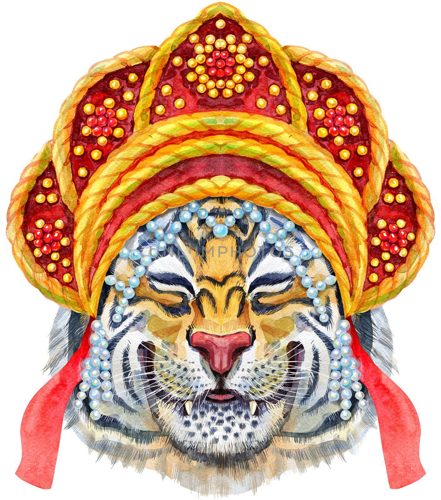 Watercolor illustration of orange smiling tiger in Russian national headdress kokoshnik. Wild animal watercolor illustration on white background