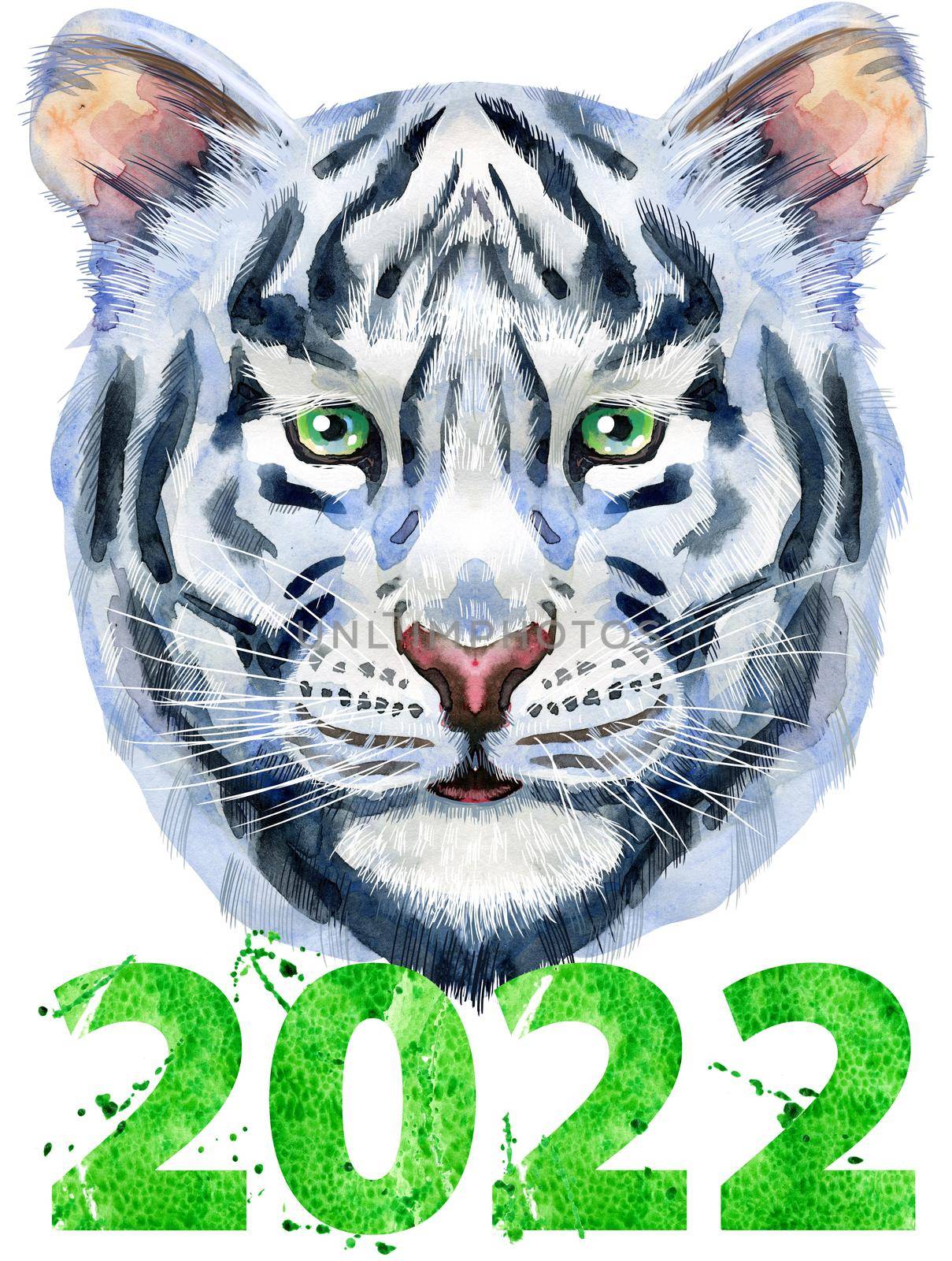 Colorful white smiling tiger with number two thousand and twenty two. Wild animal watercolor illustration. by NataOmsk