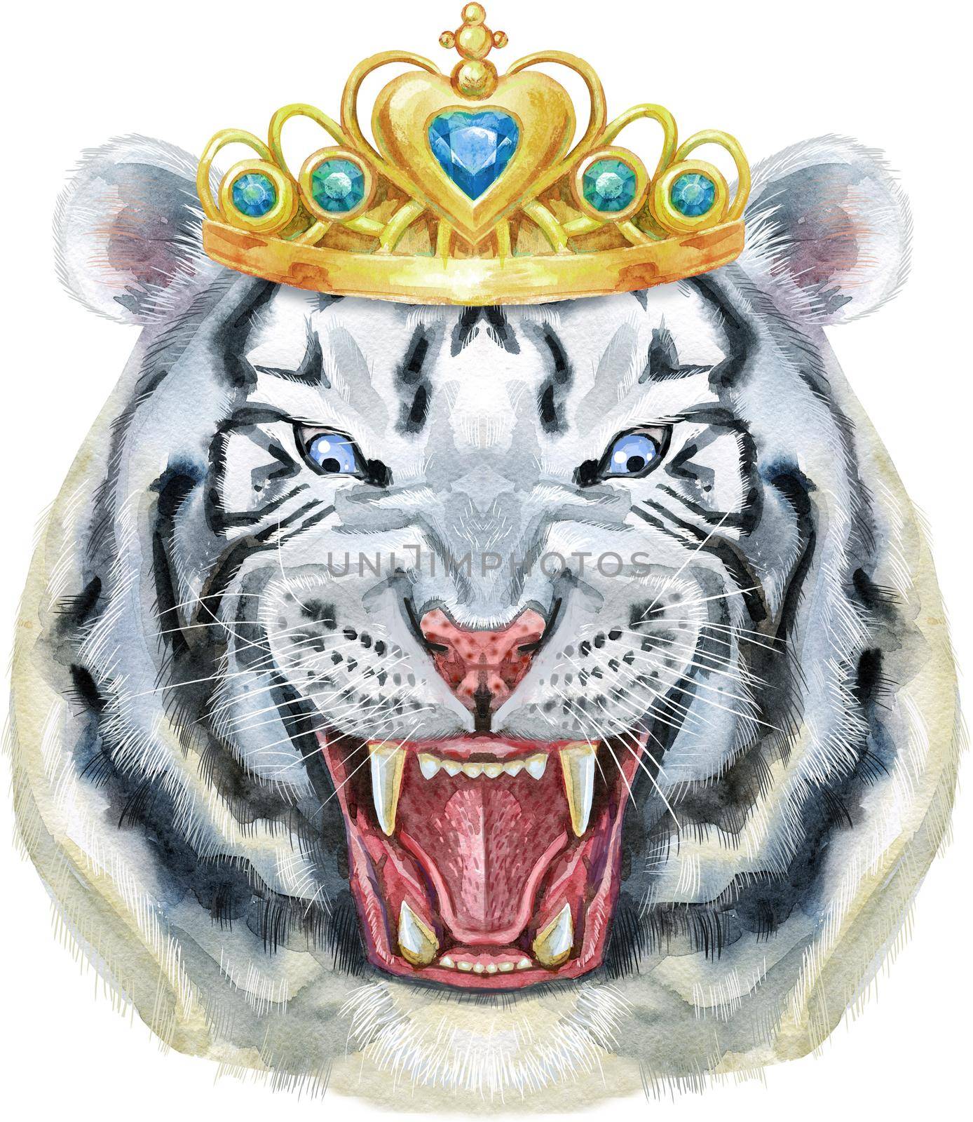 White aggressive tiger with open mouth and huge fangs in golden crown