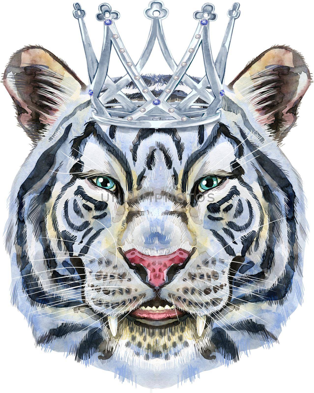 Watercolor illustration of white smiling tiger with silver crown.