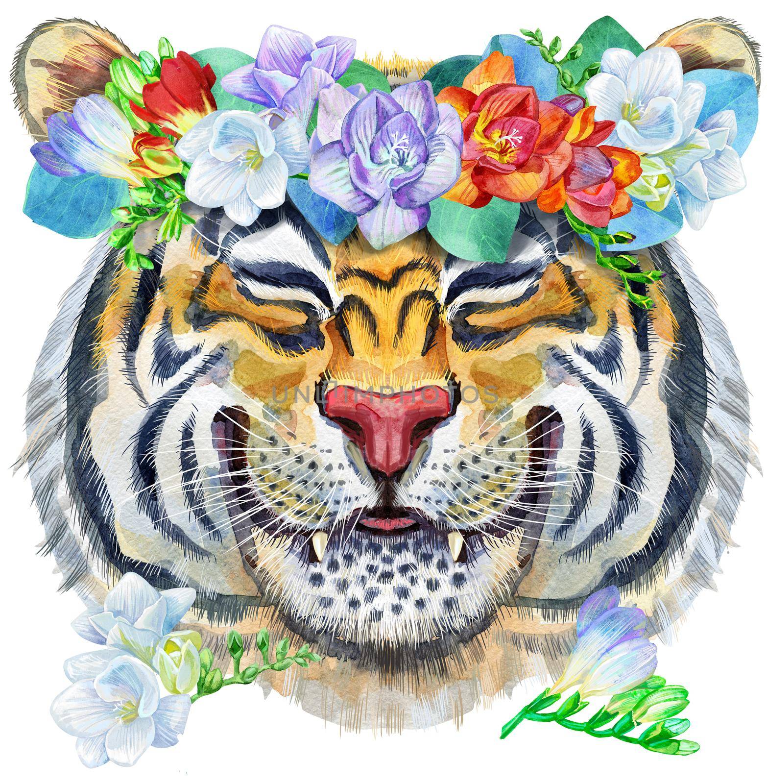Colorful orange smiling tiger in a wreath of peonies. Wild animal watercolor illustration on white background by NataOmsk