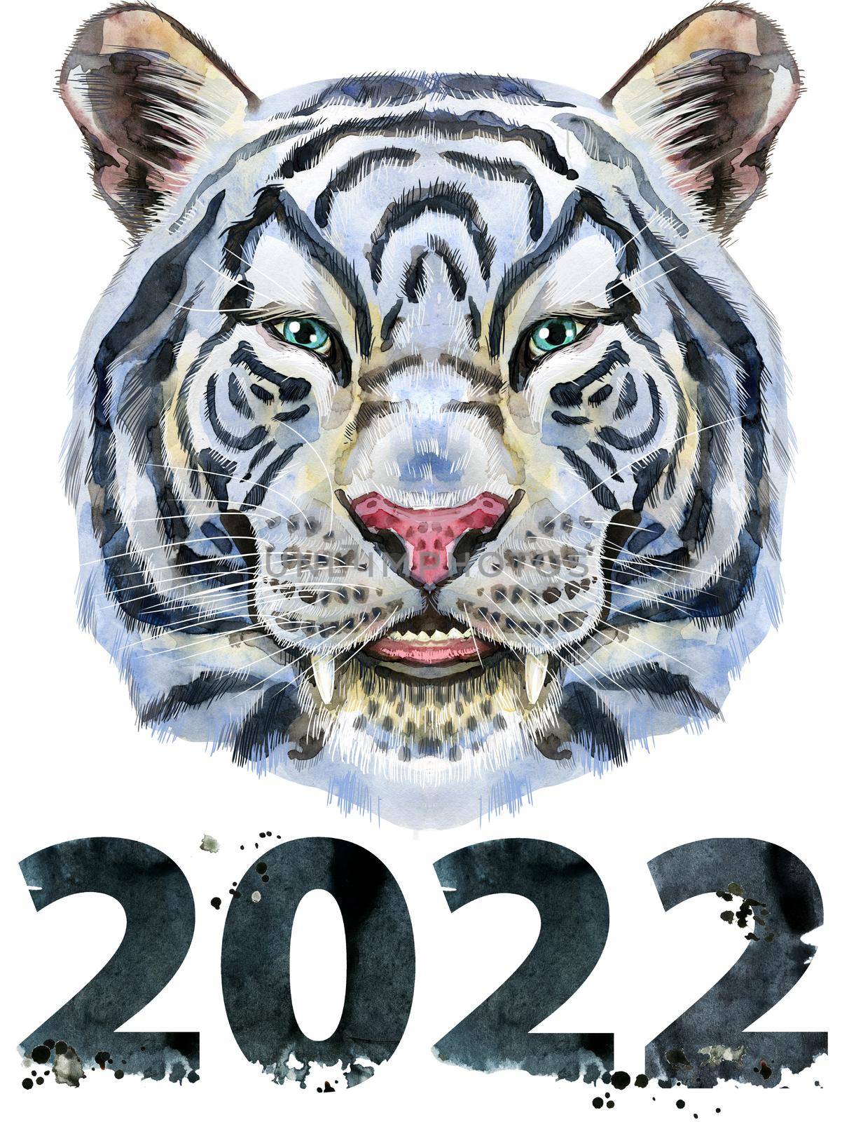 Colorful white smiling tiger with number two thousand and twenty two. Wild animal watercolor illustration. by NataOmsk