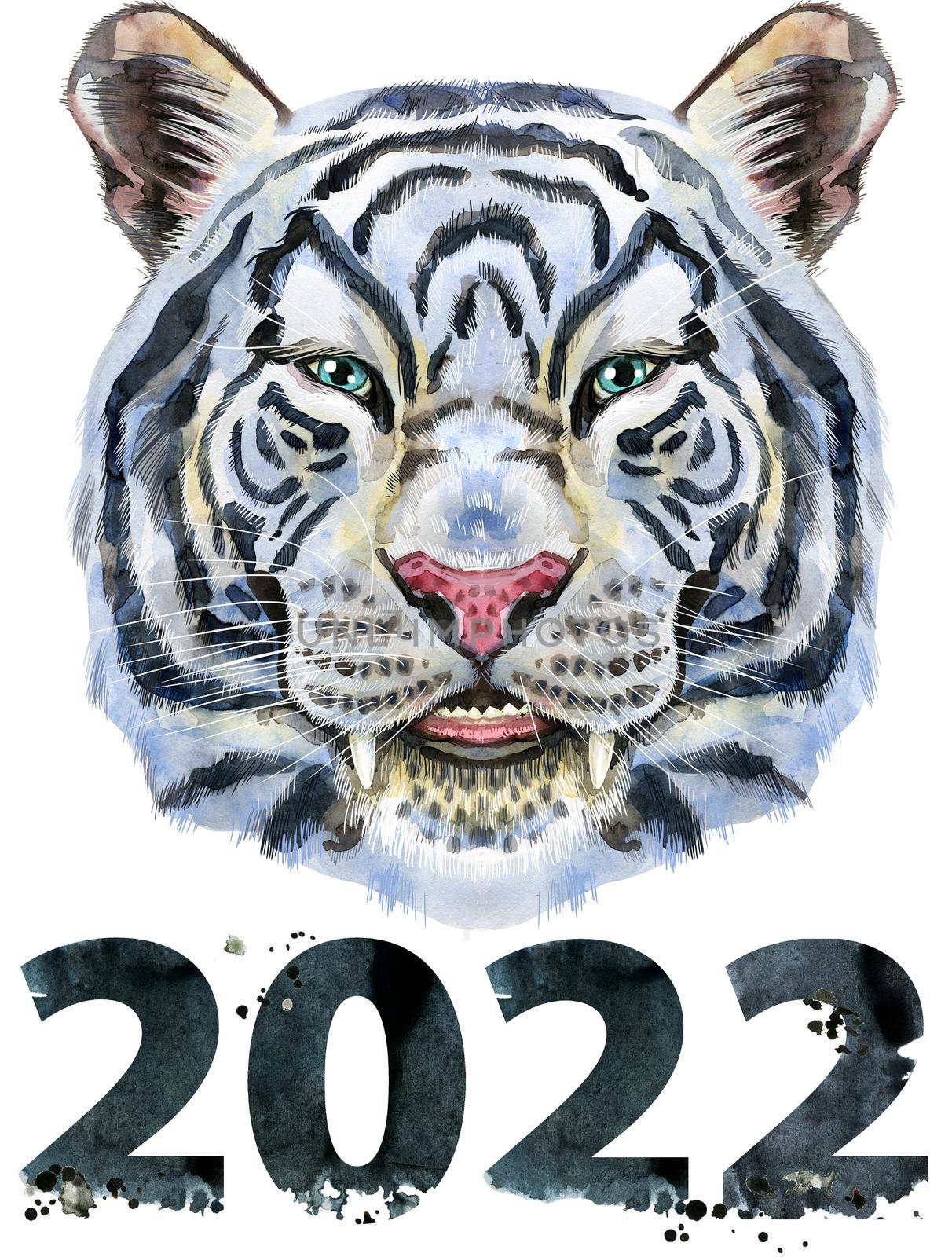 Watercolor illustration of white tiger with number two thousand and twenty two