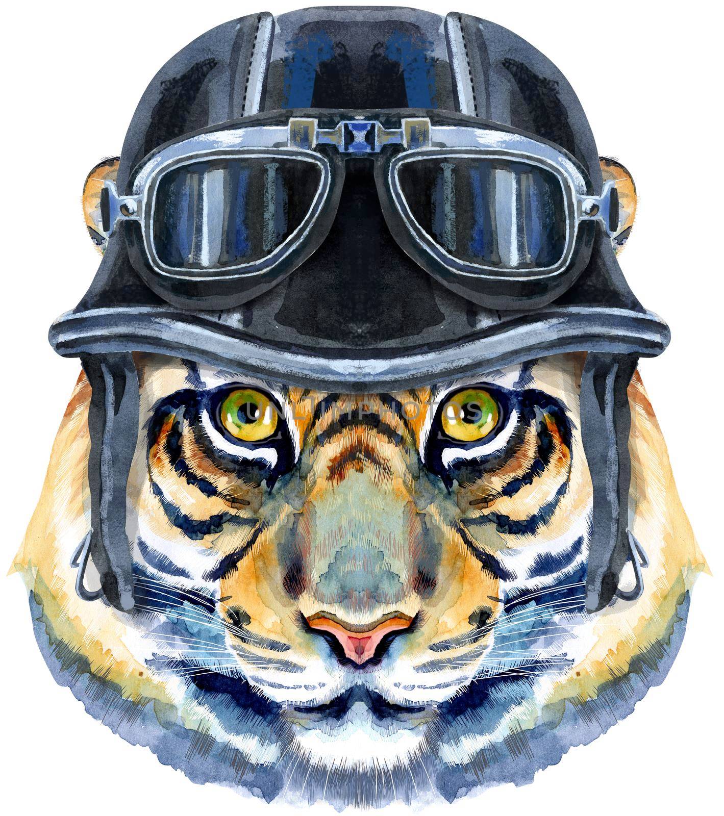 Tiger horoscope character watercolor illustration with biker helmet isolated on white background. by NataOmsk