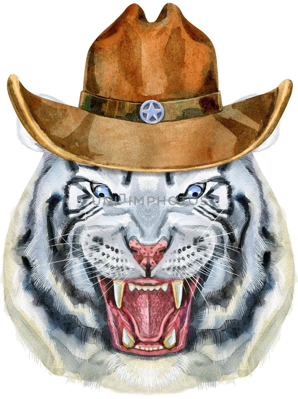 Hand drawn Tiger in cowboy hat. Watercolor drawing white tiger head, blue eyes by NataOmsk