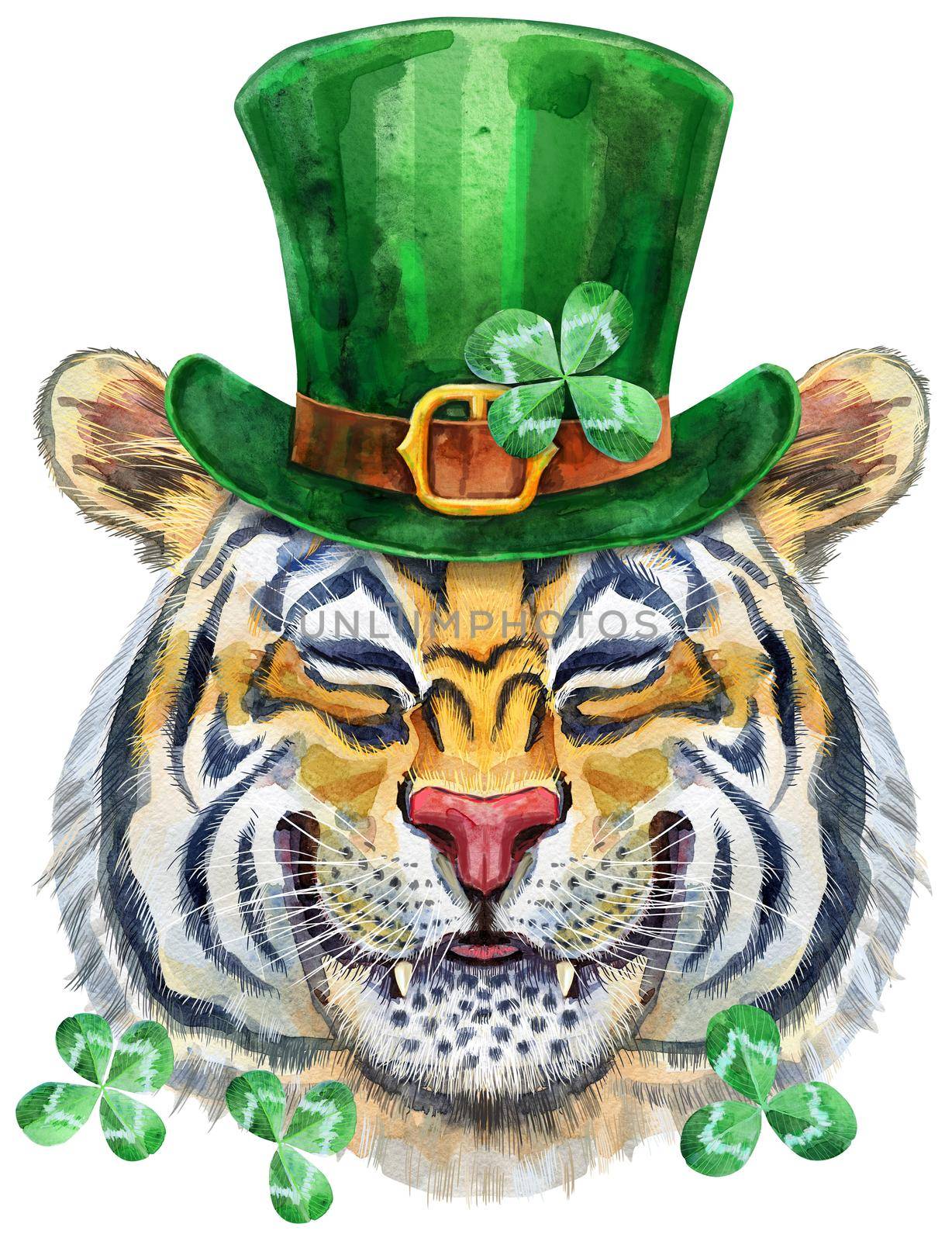 Colorful orange smiling tiger wearing a green leprechaun hat. Wild animal watercolor illustration on white background by NataOmsk