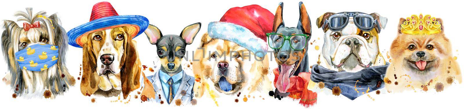 Cute border from watercolor portraits of dogs. For t-shirt graphics. Watercolor dogs illustration