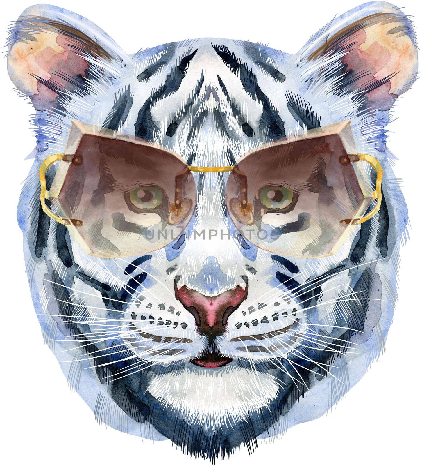 Colorful white tiger in sunglasses. Wild animal watercolor illustration on white background by NataOmsk