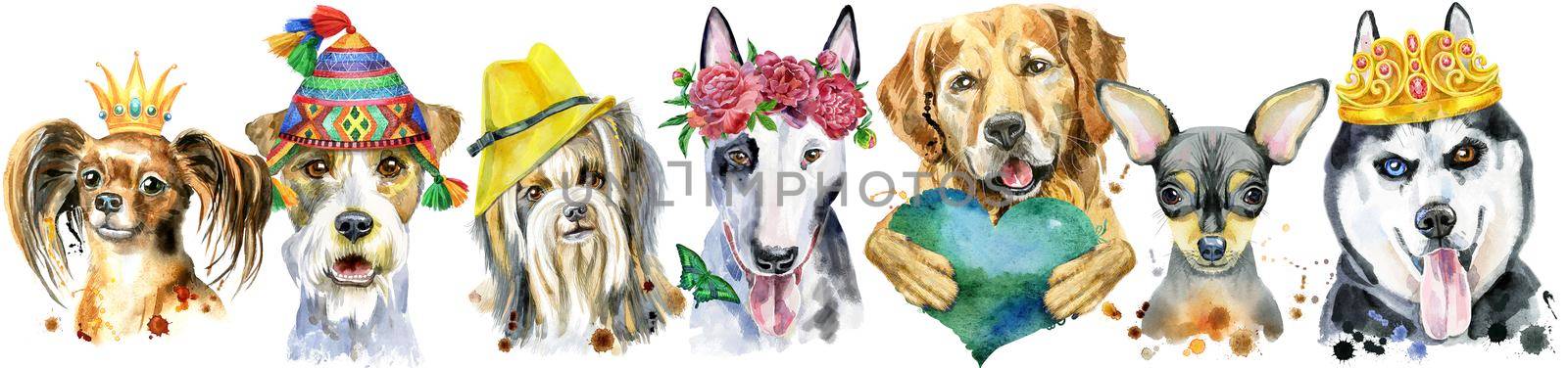 Border from watercolor portraits of dogs for decoration by NataOmsk