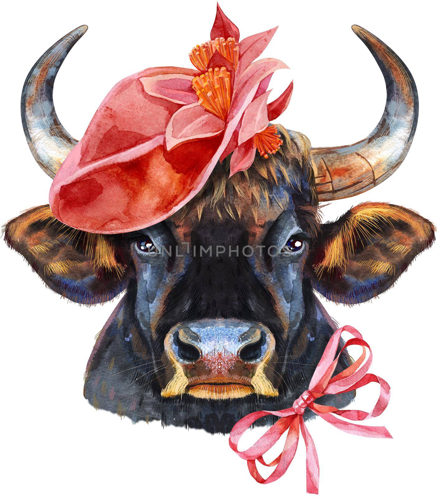 Bull in red hat and bow. Watercolor graphics. Bull animal illustration watercolor textured background.