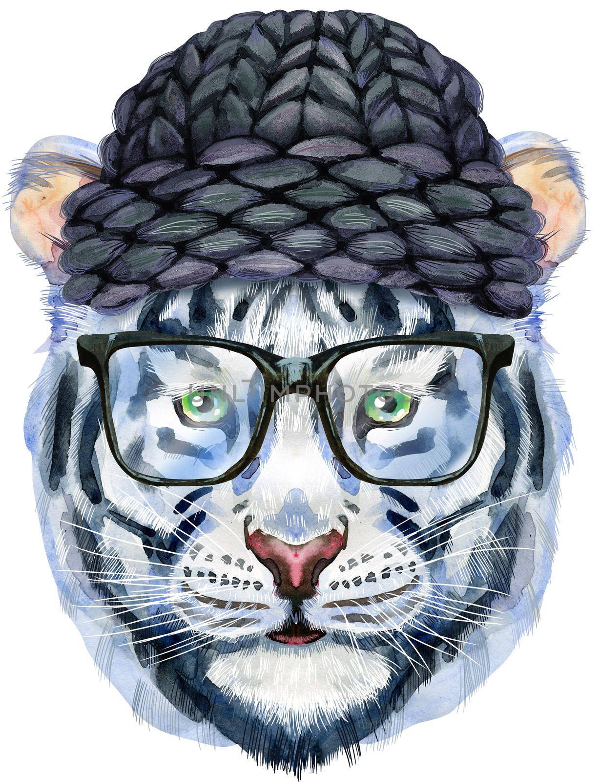Watercolor illustration of white smiling tiger in a knitted black hat and glasses