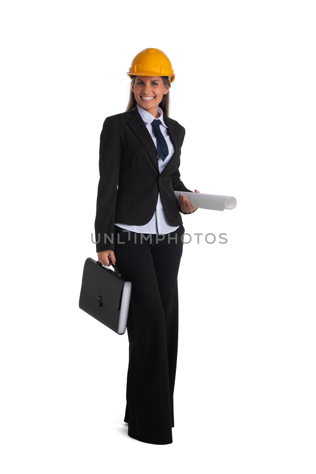 Female architect holding blueprints and document case full length portrait isolated on white background