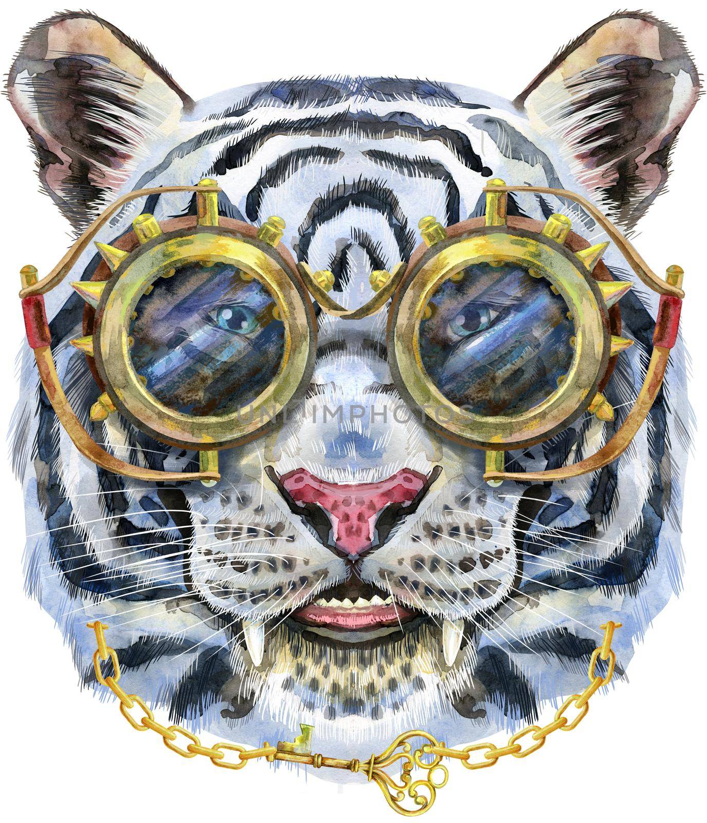 Colorful white tiger with glasses in steampunk style. Wild animal watercolor illustration on white background by NataOmsk