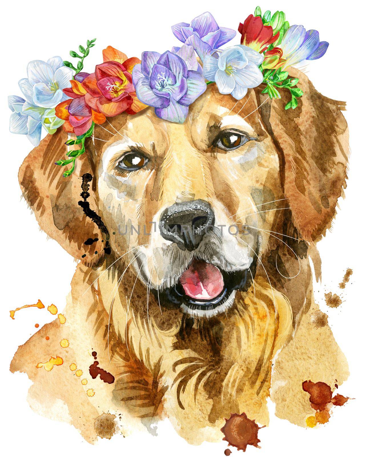 Cute Dog. Dog T-shirt graphics. watercolor golden retriever illustration with freesia wreath