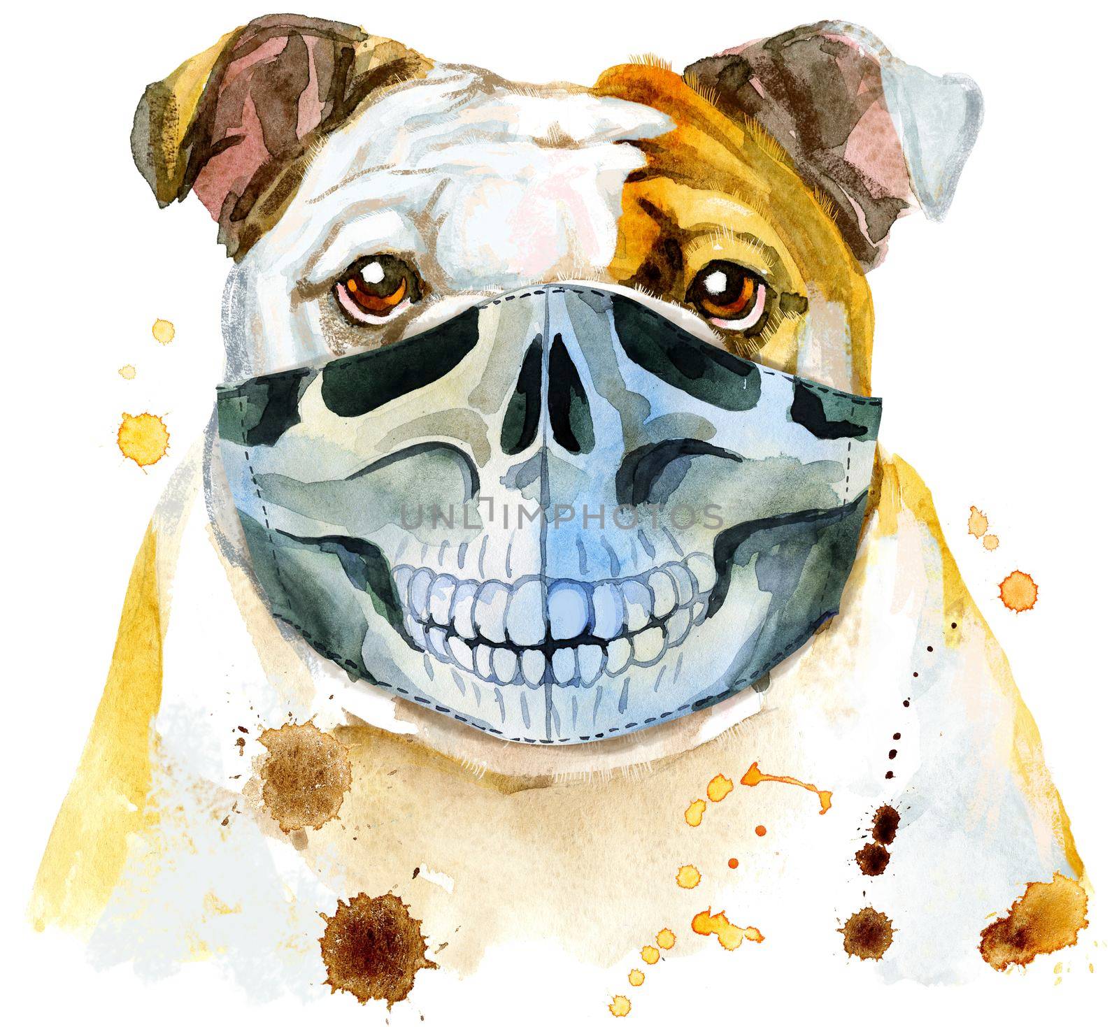 Cute Dog in protective mask with skull. Dog T-shirt graphics. watercolor Dog illustration