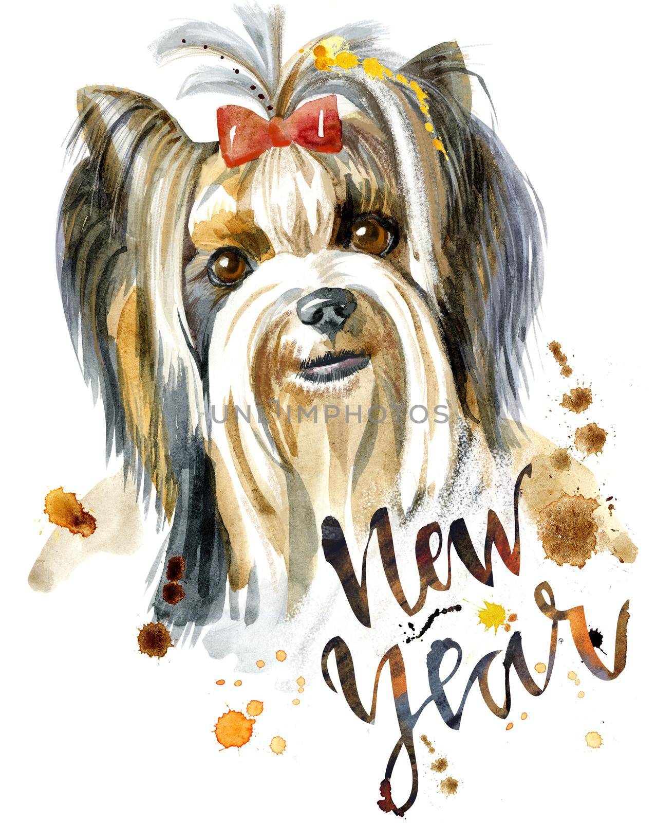 Dog, yorkie on white background. Hand drawn sweet pet illustration with the inscription New Year. Symbol of the year 2018