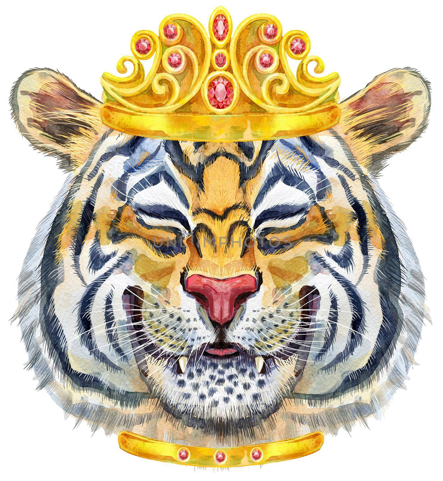 Watercolor illustration of orange smiling tiger with golden crown