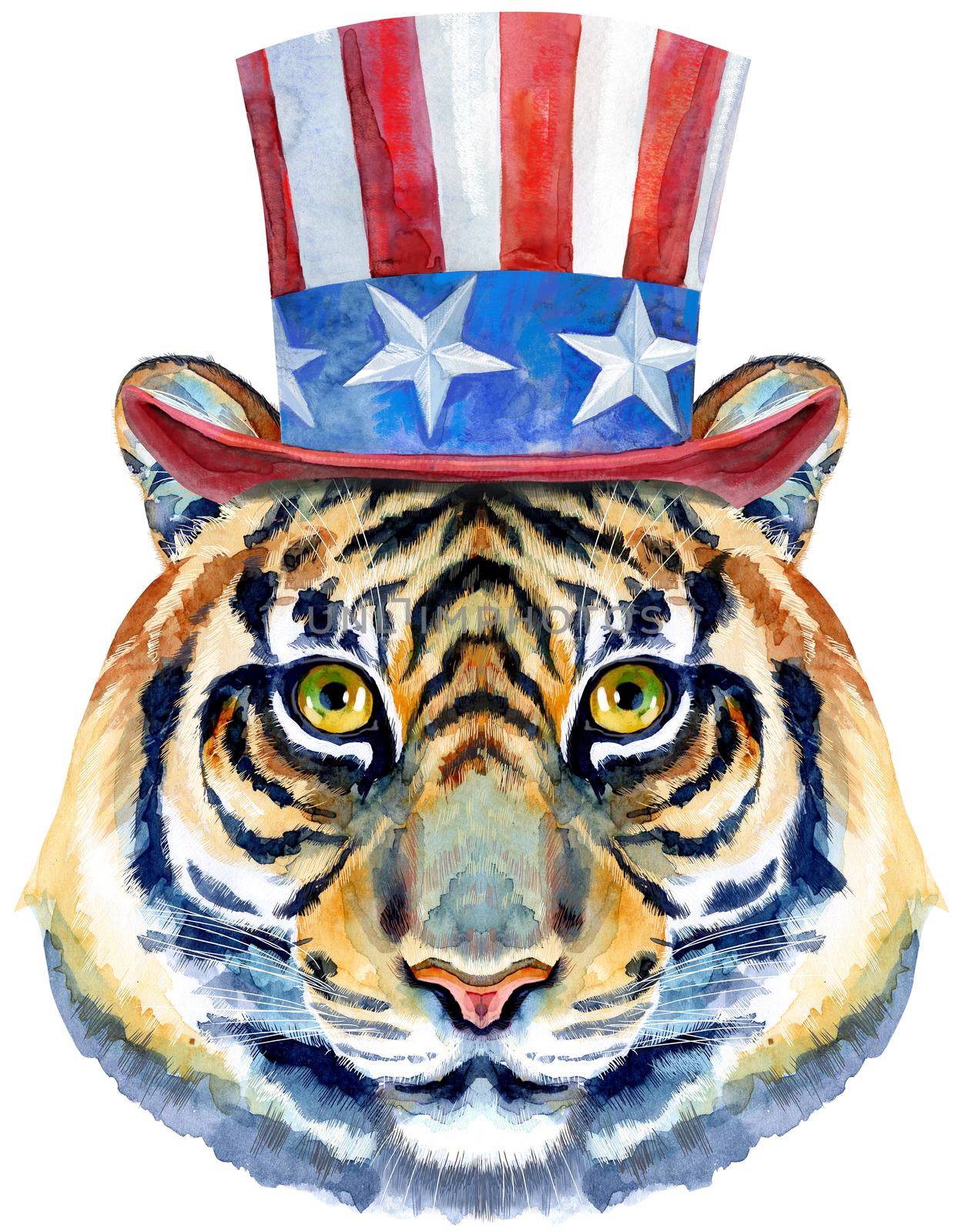 Tiger horoscope character watercolor illustration with Uncle Sam hat isolated on white background. by NataOmsk