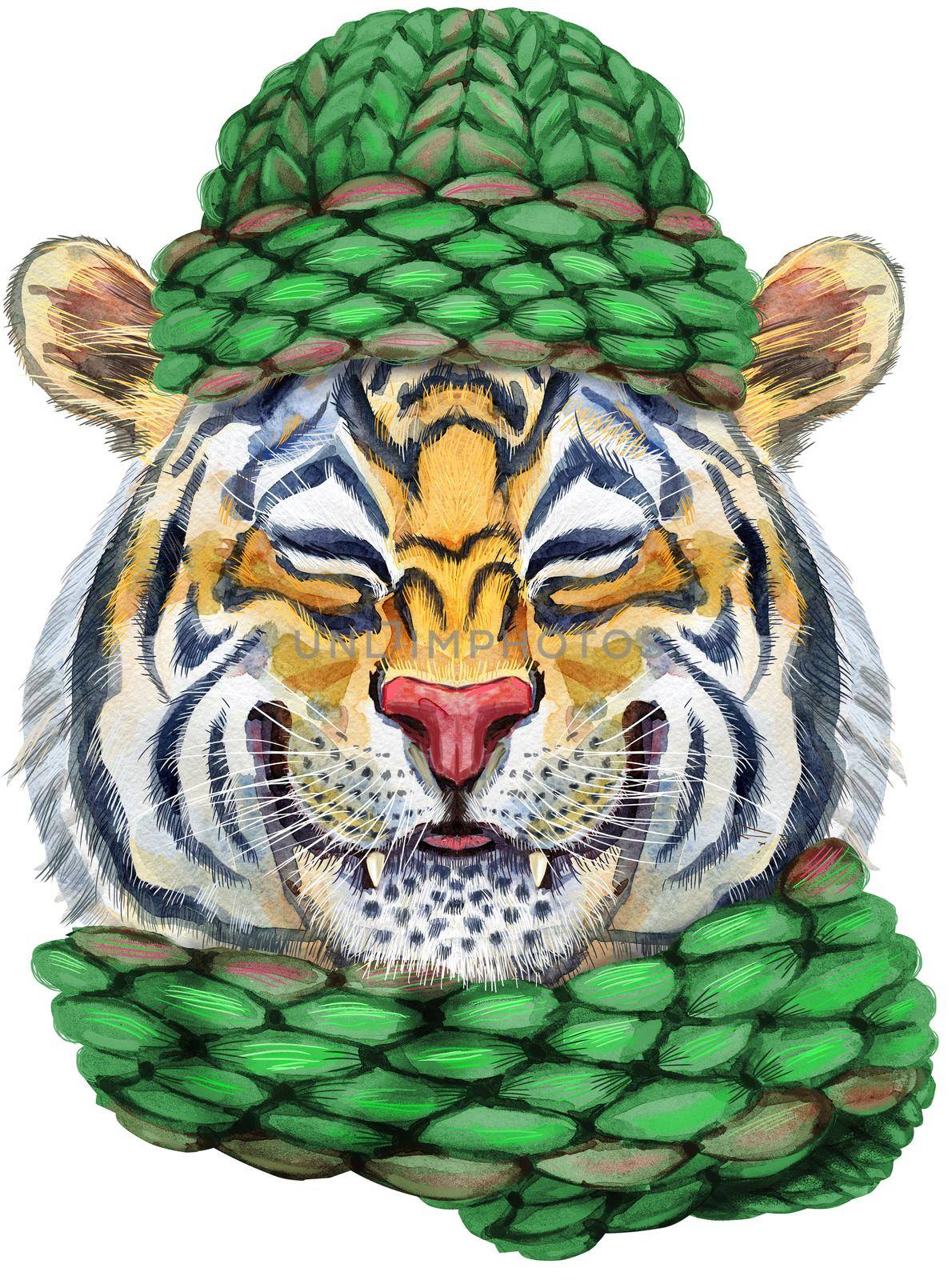 Colorful orange smiling tiger a tiger in a knitted green hat. Wild animal watercolor illustration on white background by NataOmsk