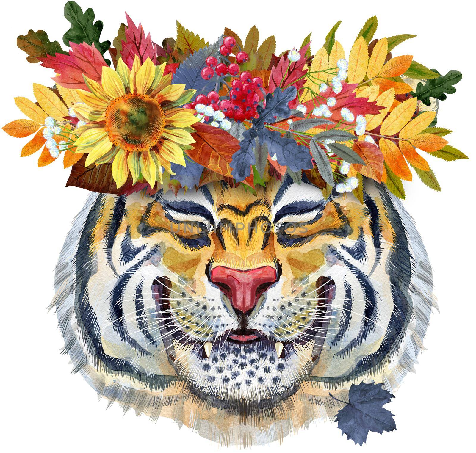 Colorful orange smiling tiger in a wreath of autumn leaves. Wild animal watercolor illustration on white background by NataOmsk
