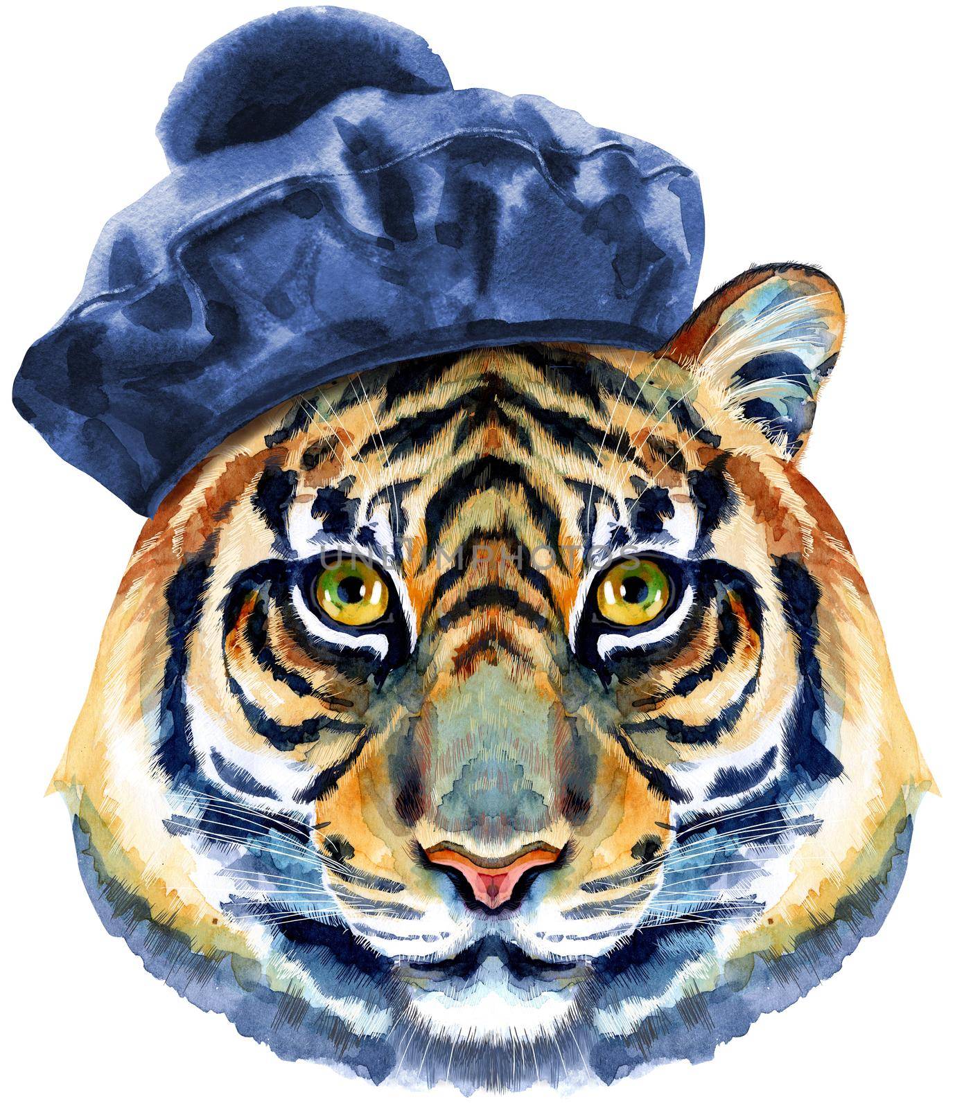 Tiger in black beret in pom-pom. Watercolor illustration isolated on white background. by NataOmsk